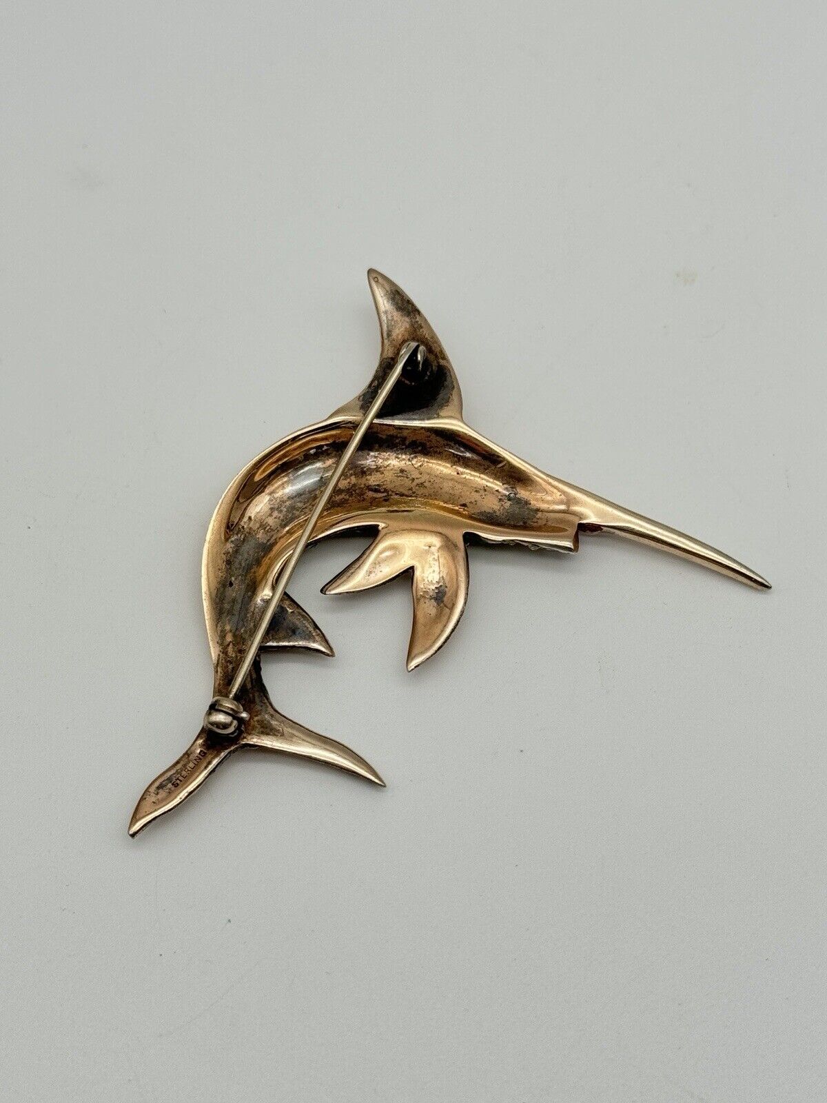 Vintage Sterling Silver Vermeil Swordfish Rhinestone Brooch 1940s ICONIC Style