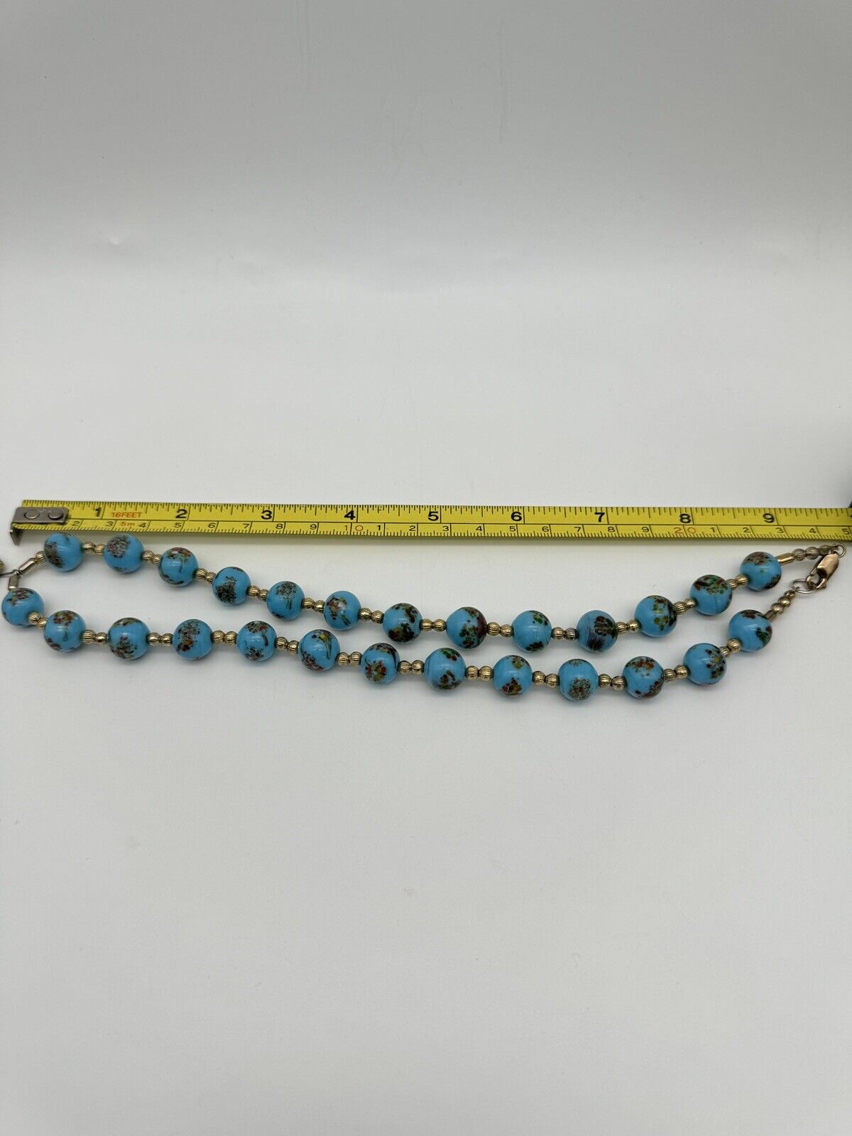 Vintage Turquoise Glass Beads With Large Gold Tone Pendant Signed Michael T