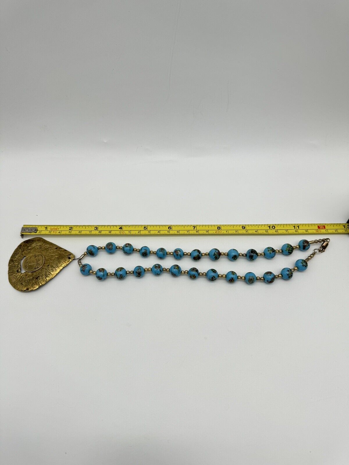 Vintage Turquoise Glass Beads With Large Gold Tone Pendant Signed Michael T