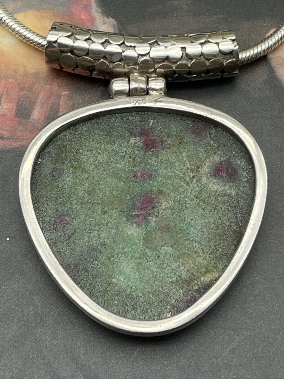 VTG Sterling Silver 925 Ruby-Zoisite Pendant With Sterling Snake Necklace 18”