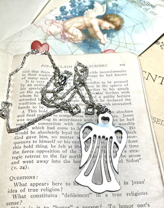 ANGEL Heart Pendant Sterling Silver 925 Openwork 2” & Unmarked Chain 12”