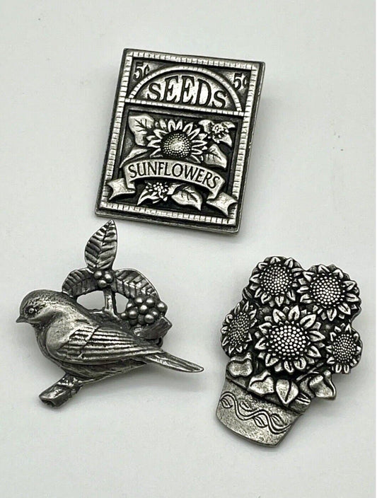 Vintage Pin Brooch Lot Birds & Blooms STAMP, FLOWER POT, BIRD