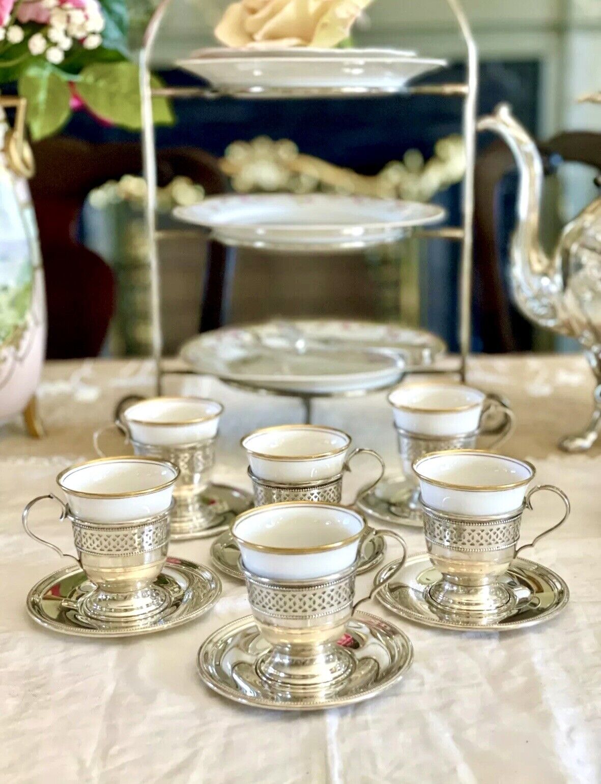 Vintage Demitasse Sterling English Bone China Set Espresso Cups