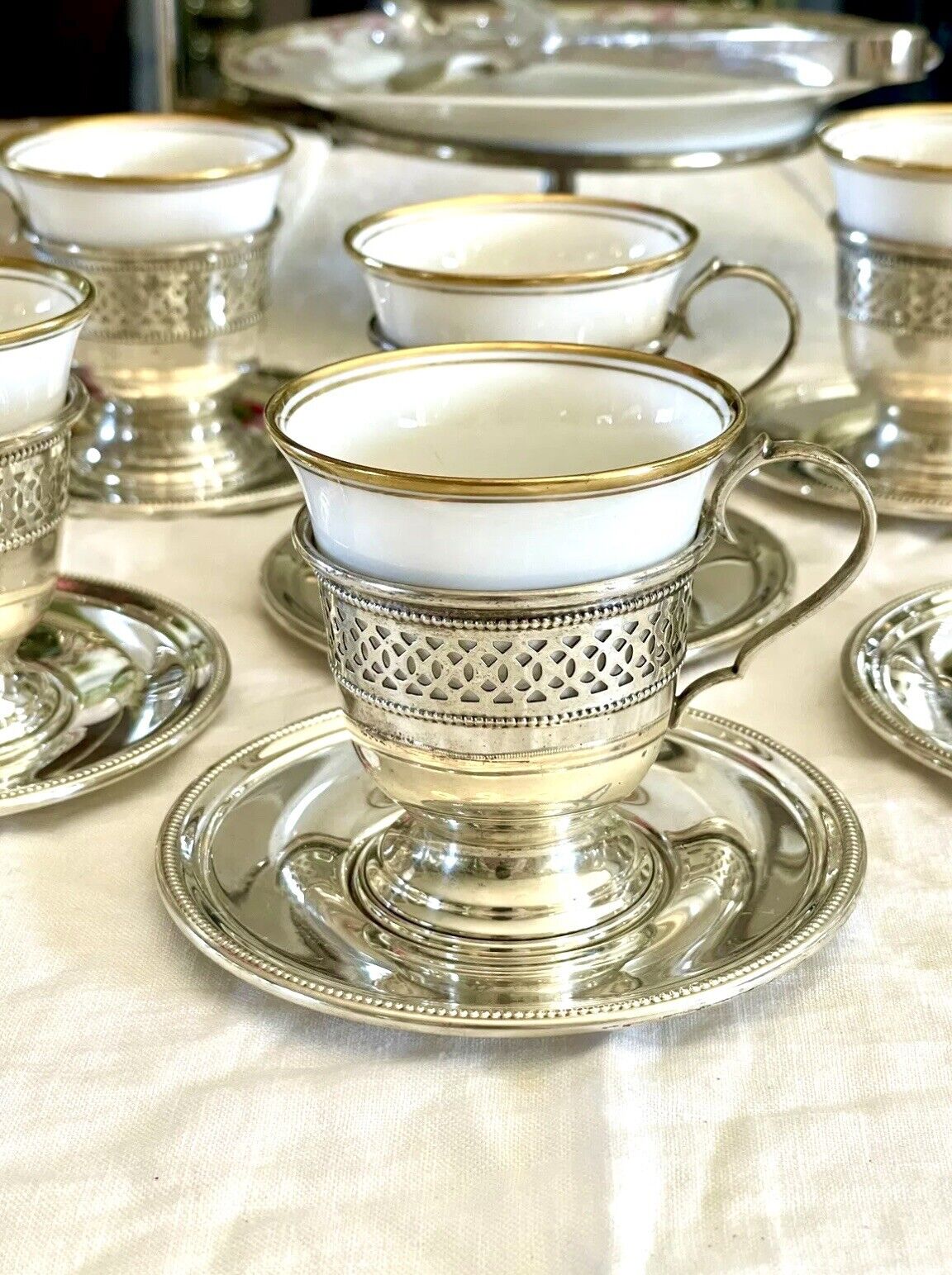 6 Espresso Cups - Demitasse STERLING English Bone China TUSCAN Inserts England Plummer LTD