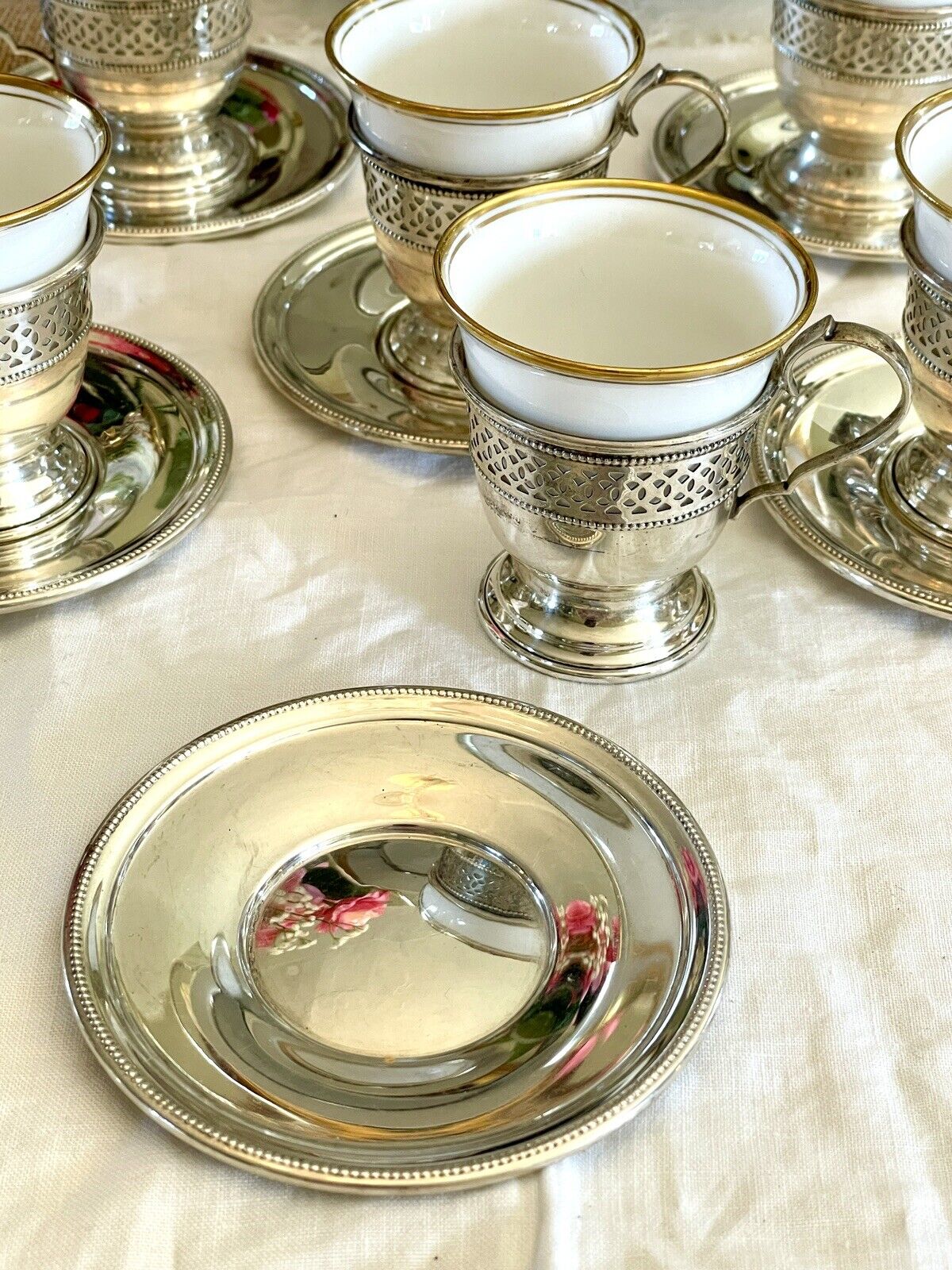 6 Espresso Cups - Demitasse STERLING English Bone China TUSCAN Inserts England Plummer LTD