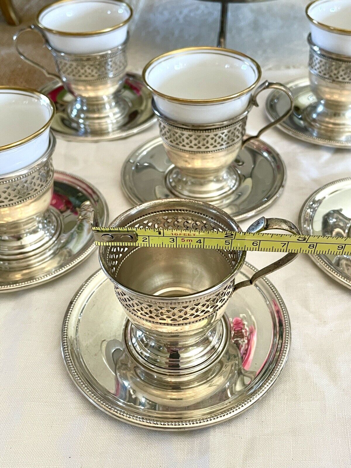 6 Espresso Cups - Demitasse STERLING English Bone China TUSCAN Inserts England Plummer LTD