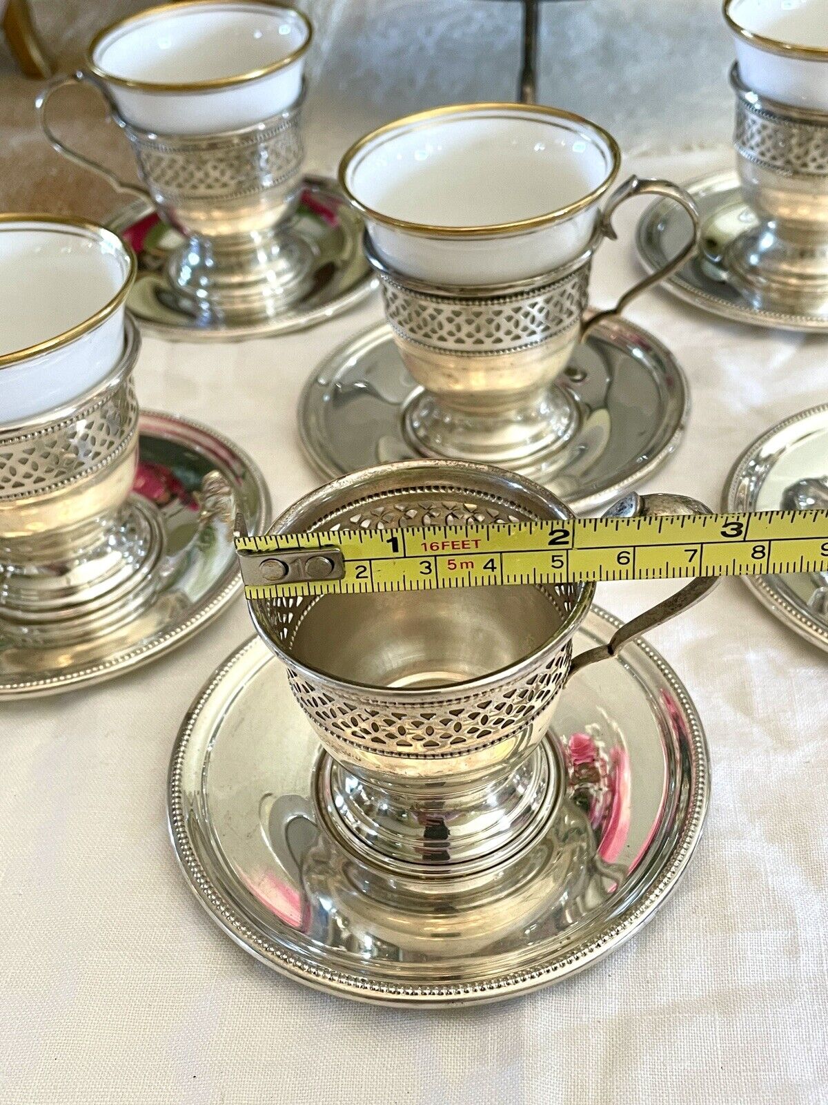 6 Espresso Cups - Demitasse STERLING English Bone China TUSCAN Inserts England Plummer LTD