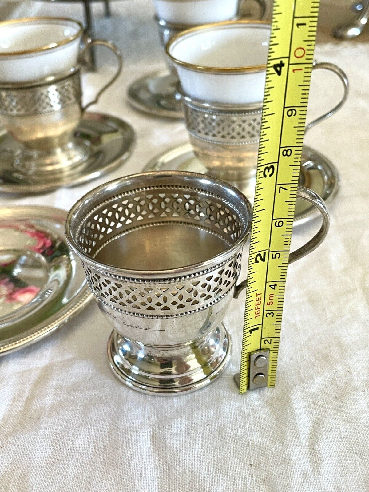 6 Espresso Cups - Demitasse STERLING English Bone China TUSCAN Inserts England Plummer LTD