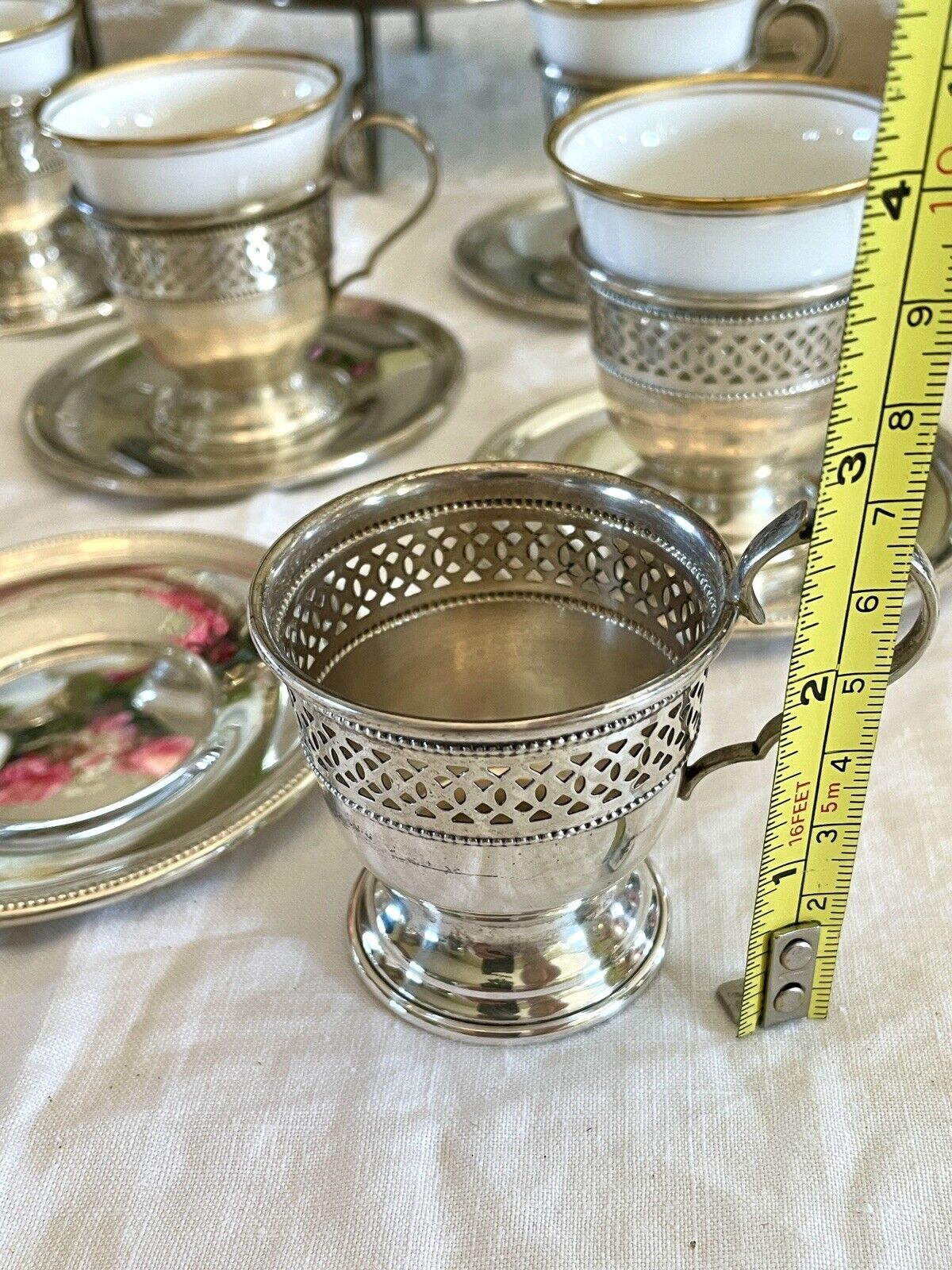 6 Espresso Cups - Demitasse STERLING English Bone China TUSCAN Inserts England Plummer LTD