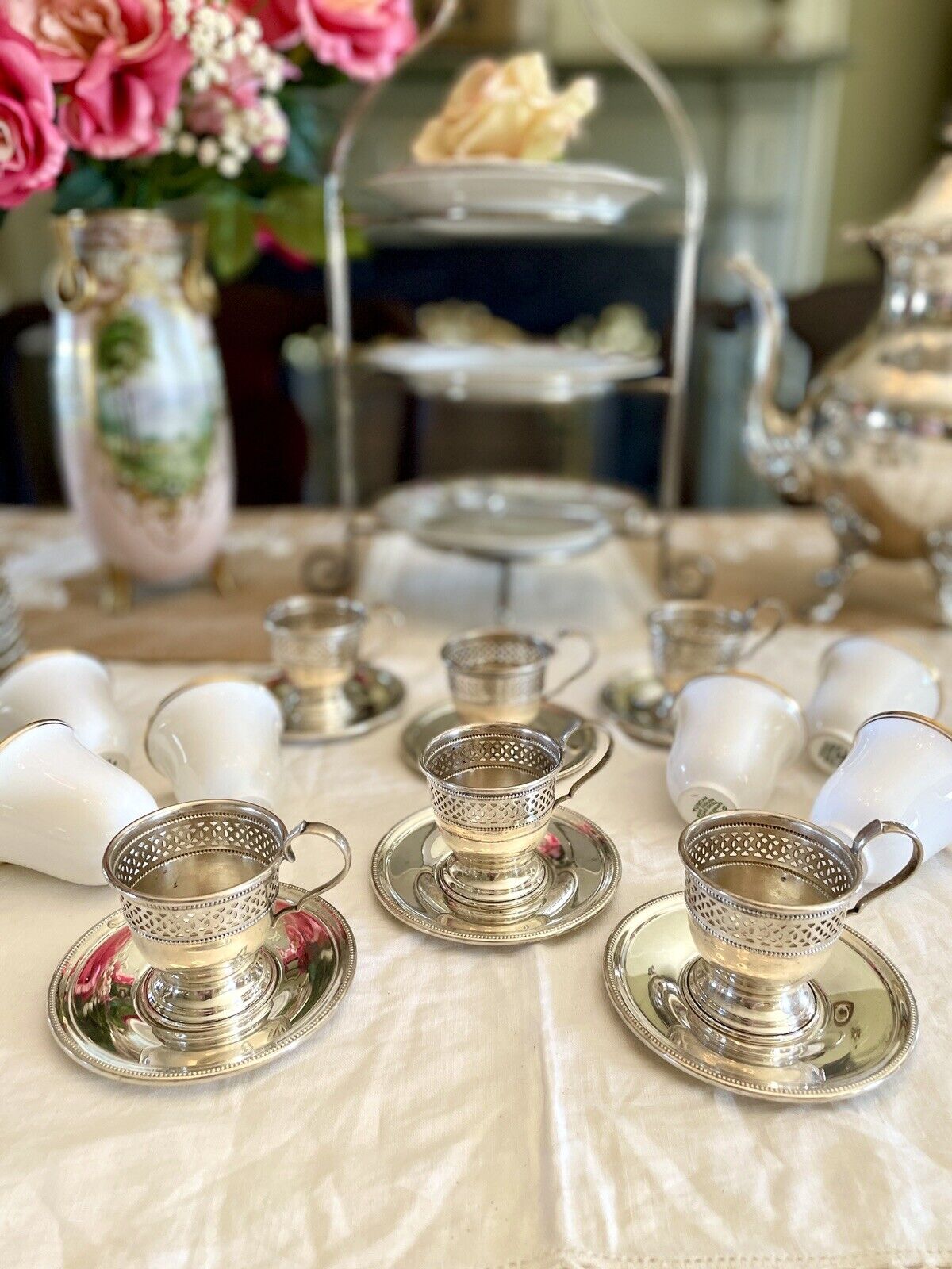 6 Espresso Cups - Demitasse STERLING English Bone China TUSCAN Inserts England Plummer LTD