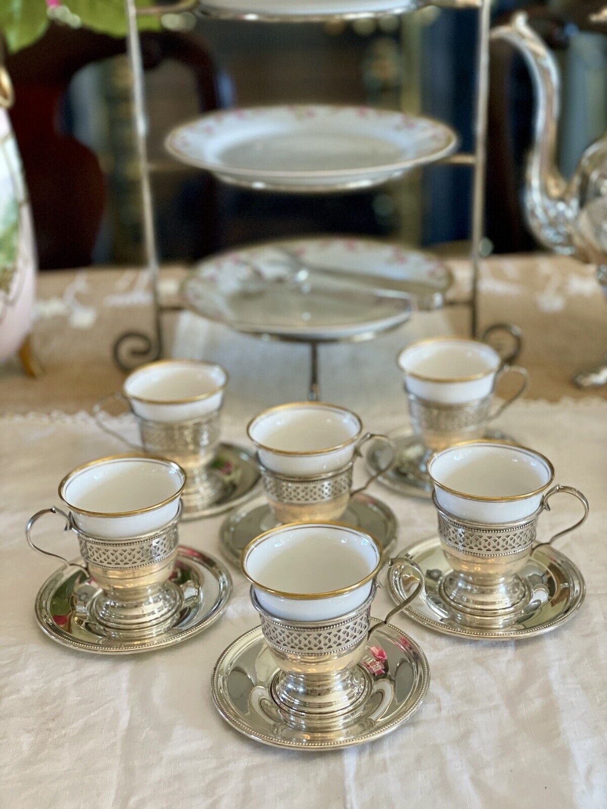 6 Espresso Cups - Demitasse STERLING English Bone China TUSCAN Inserts England Plummer LTD