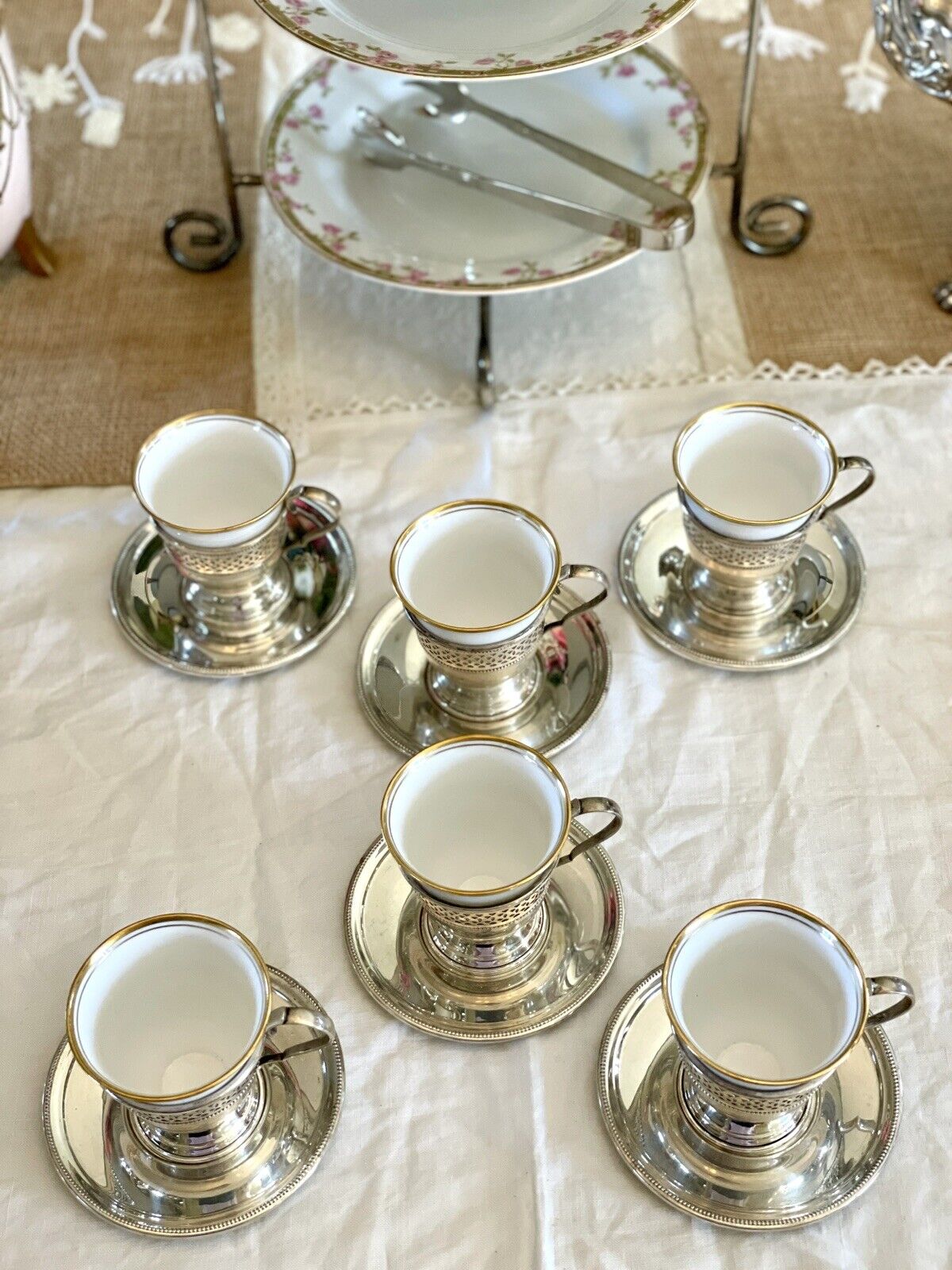 6 Espresso Cups - Demitasse STERLING English Bone China TUSCAN Inserts England Plummer LTD