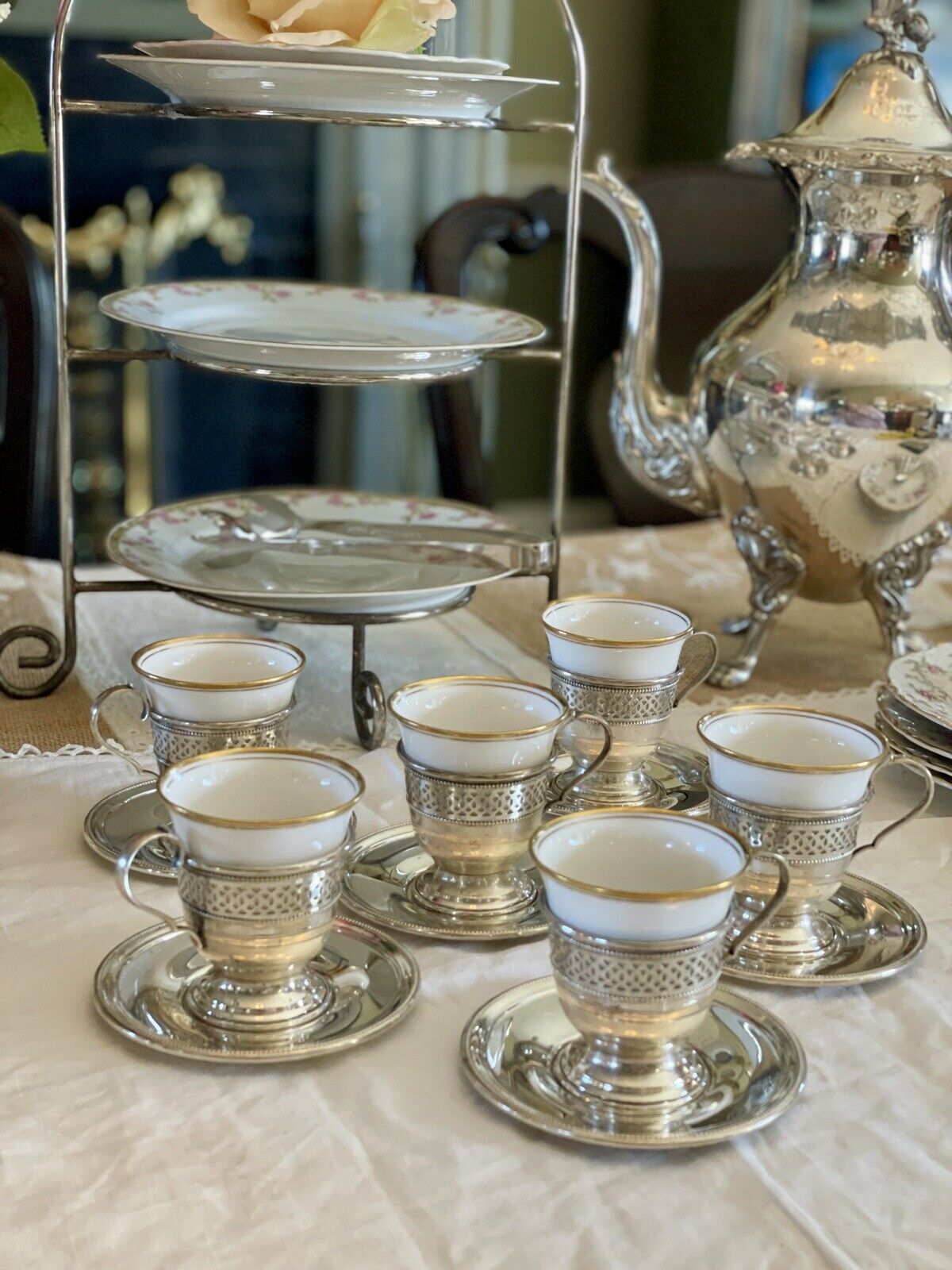 6 Espresso Cups - Demitasse STERLING English Bone China TUSCAN Inserts England Plummer LTD