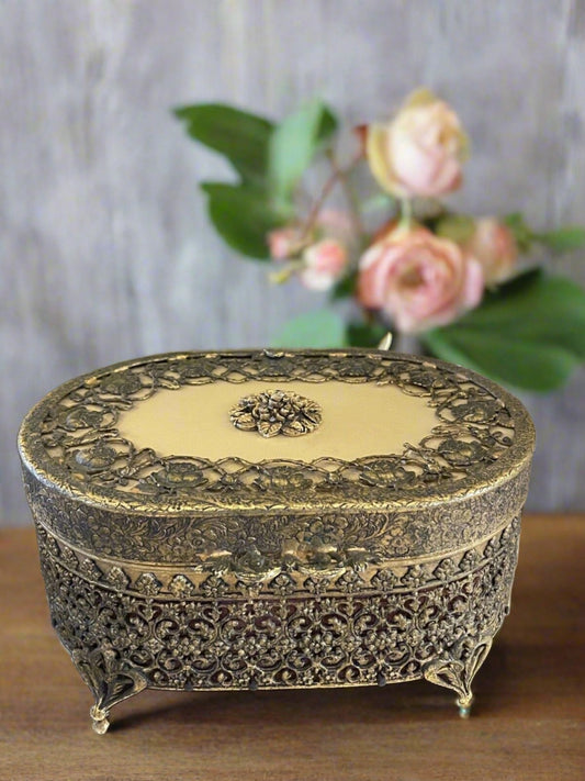 Vintage Ormolu Jewelry Box Rose Pattern Celluloid RARE