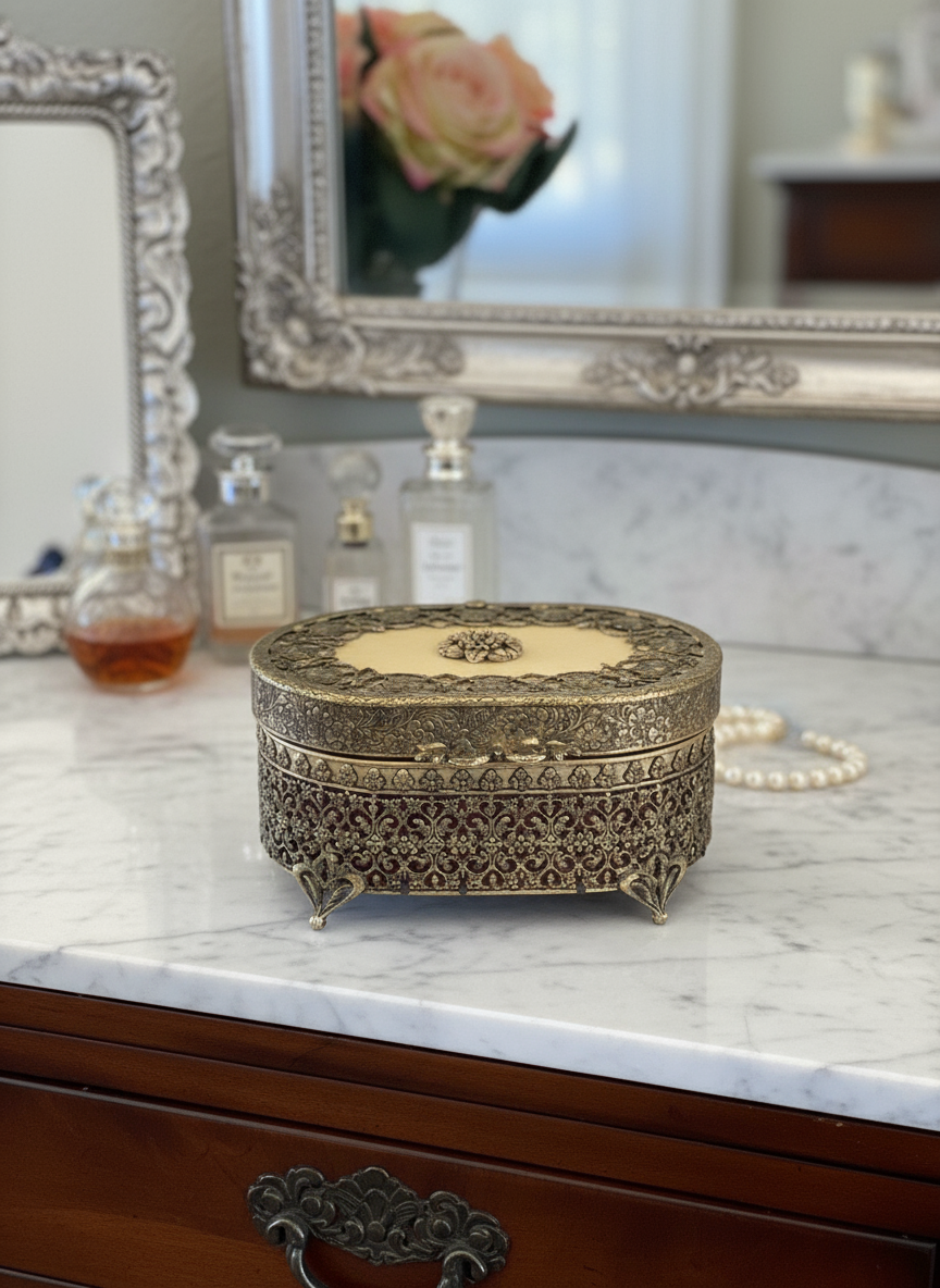 Vintage Jewelry Case Rose Design Celluloid RARE Hollywood Regency