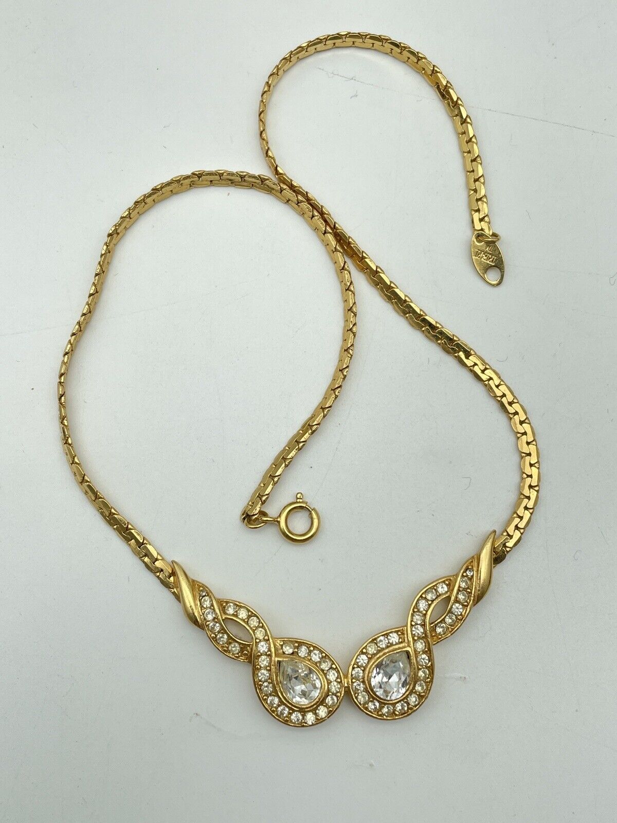 Vintage Trifari Necklace Goldtone Clear Crystals Signed 80s Couture