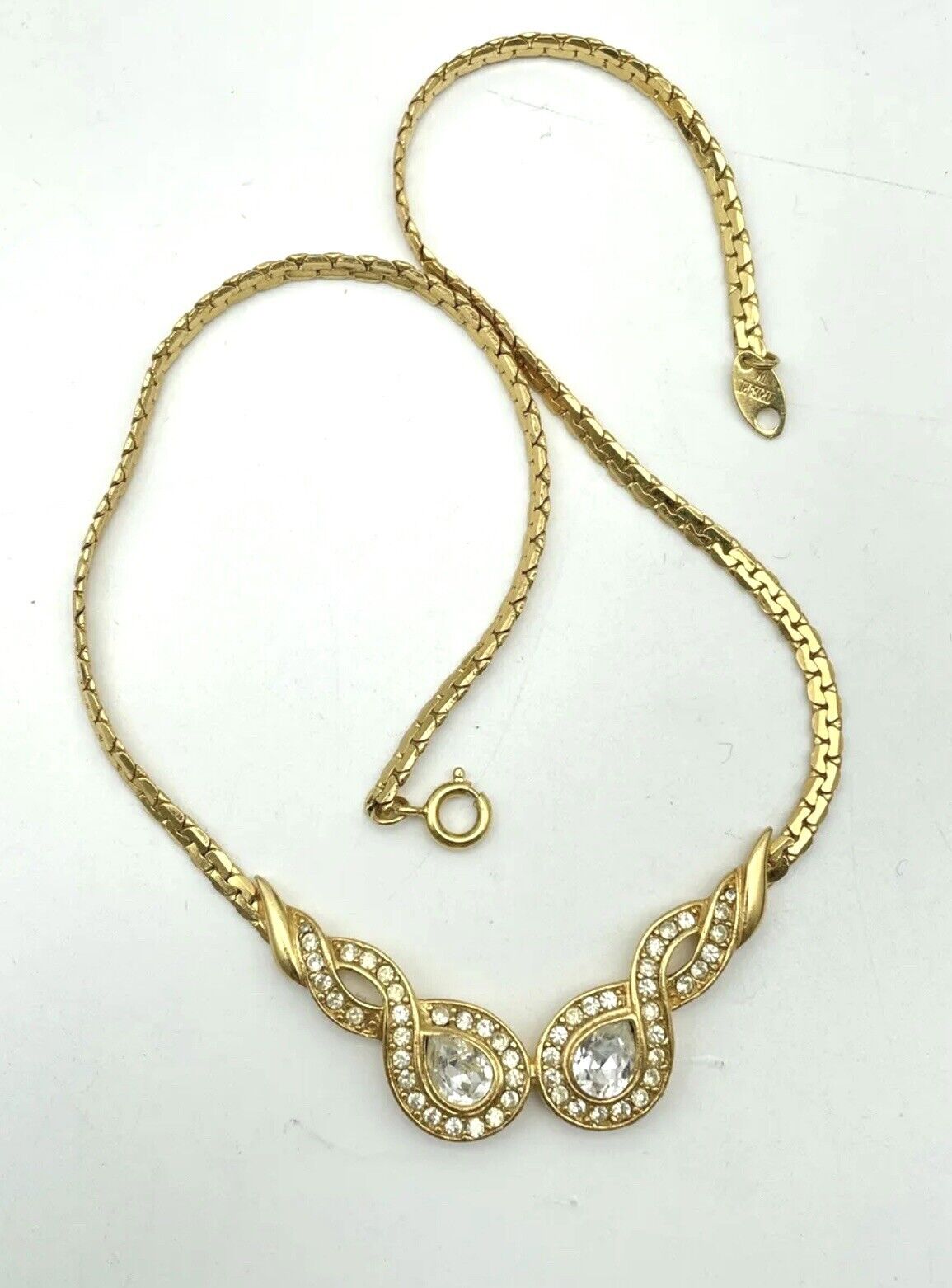 Vintage Trifari Necklace Goldtone Clear Crystals Signed 80s Couture