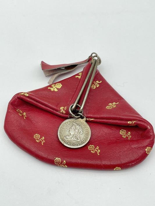 Leather Coin Purse, Red w/ Gold Flower, Sliding Snap Queen Victoria Coin VINTAGE