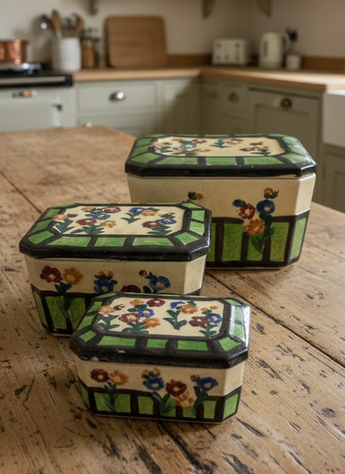 Set Of 3 Vintage Majolica Canisters Floral Design Nesting Set JAPAN