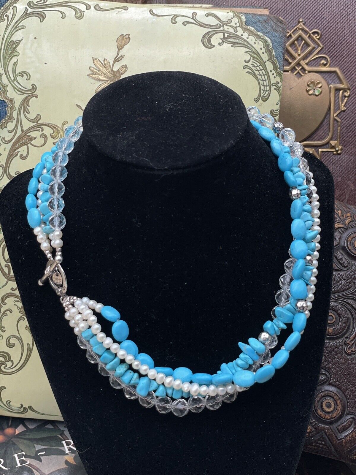 Signed “Turquoise” Color Stones Pearl & Crystal 925 Sterling Necklace