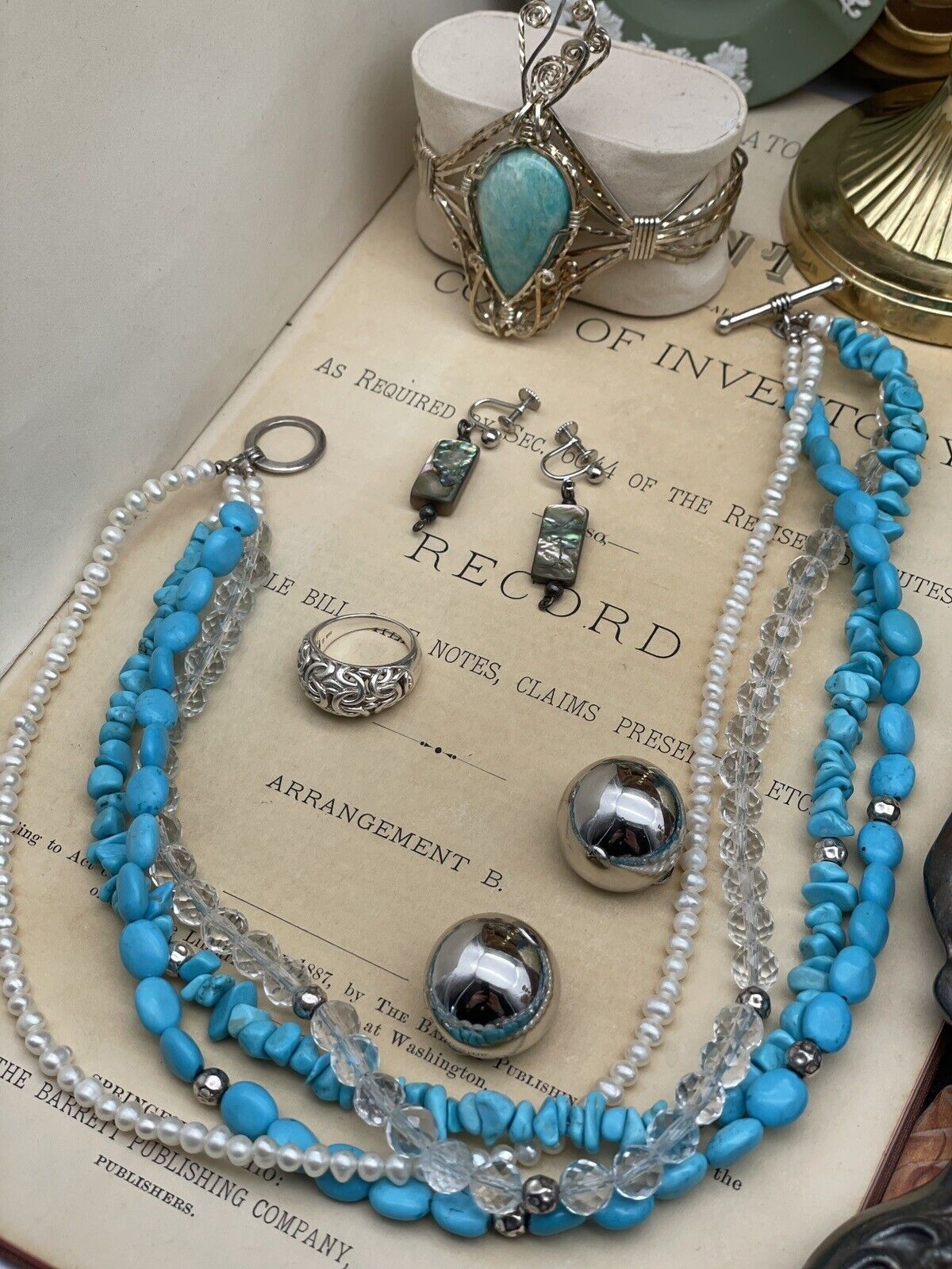 Signed “Turquoise” Color Stones Pearl & Crystal 925 Sterling Necklace