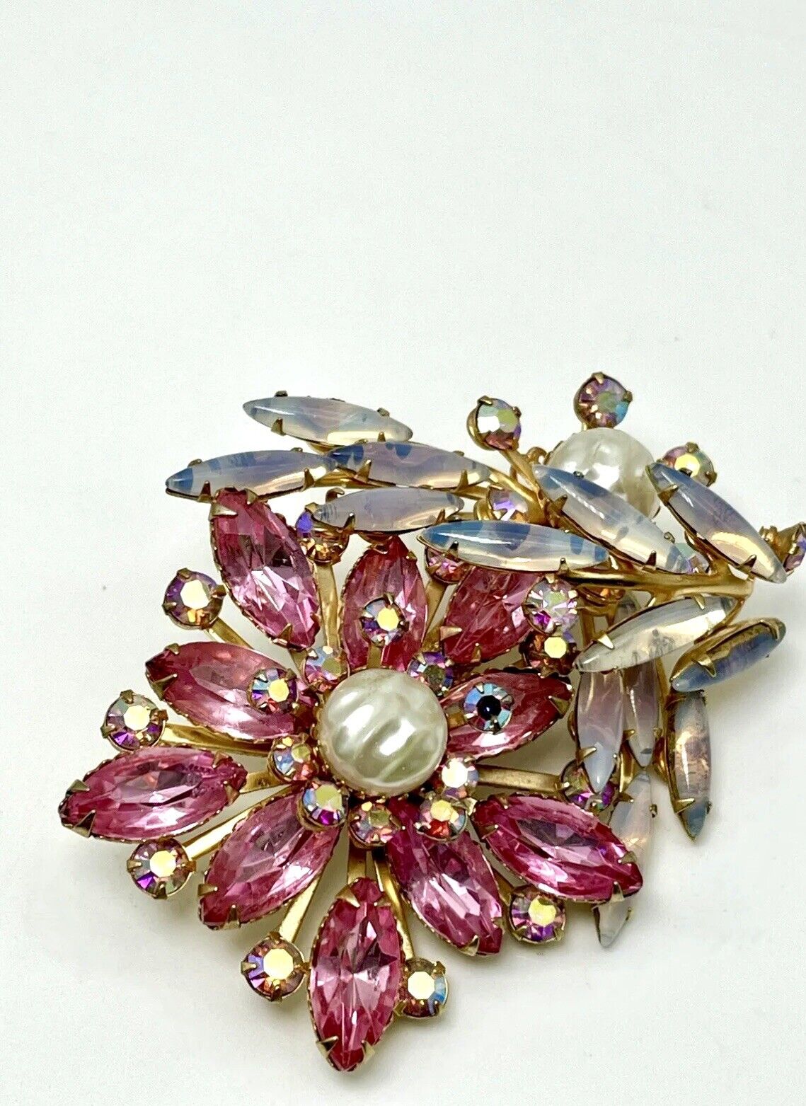 Large Vintage Pink Flower Rhinestone Brooch Faux Pearls AB Accents Exquisite