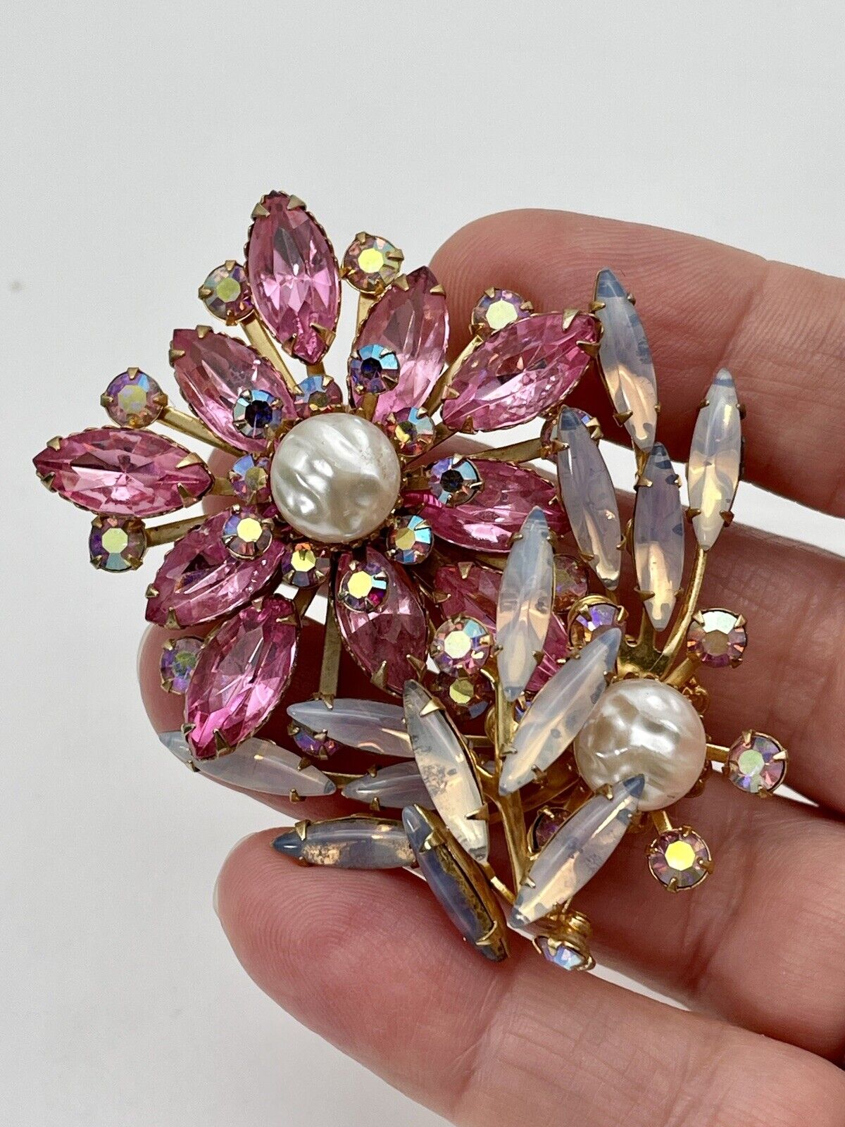 Large Vintage Pink Flower Rhinestone Brooch Faux Pearls AB Accents Exquisite