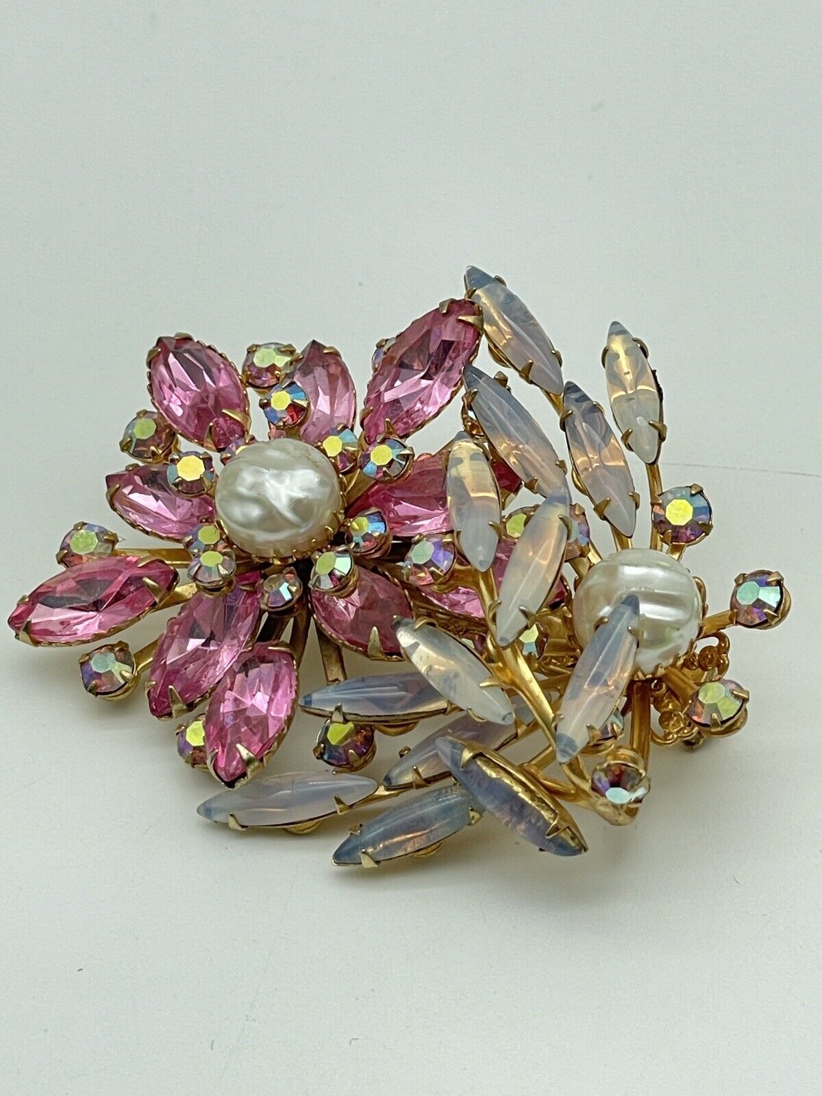 Large Vintage Pink Flower Rhinestone Brooch Faux Pearls AB Accents Exquisite