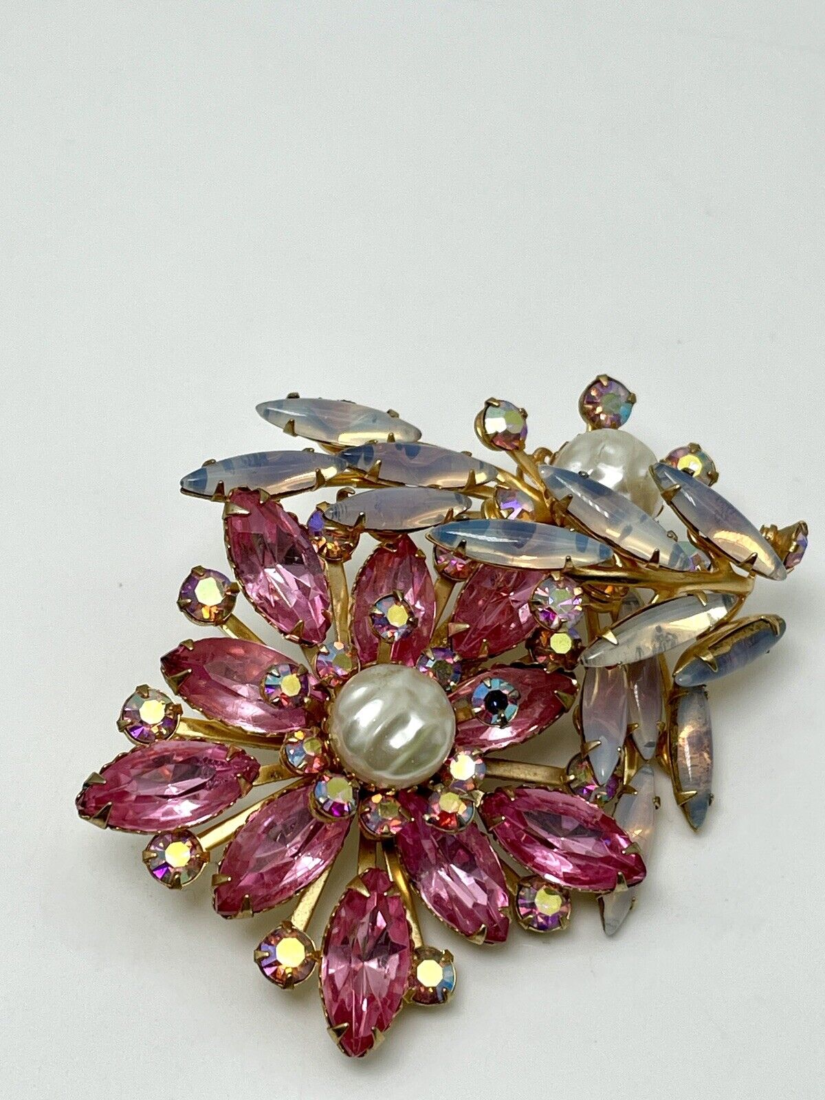 Large Vintage Pink Flower Rhinestone Brooch Faux Pearls AB Accents Exquisite