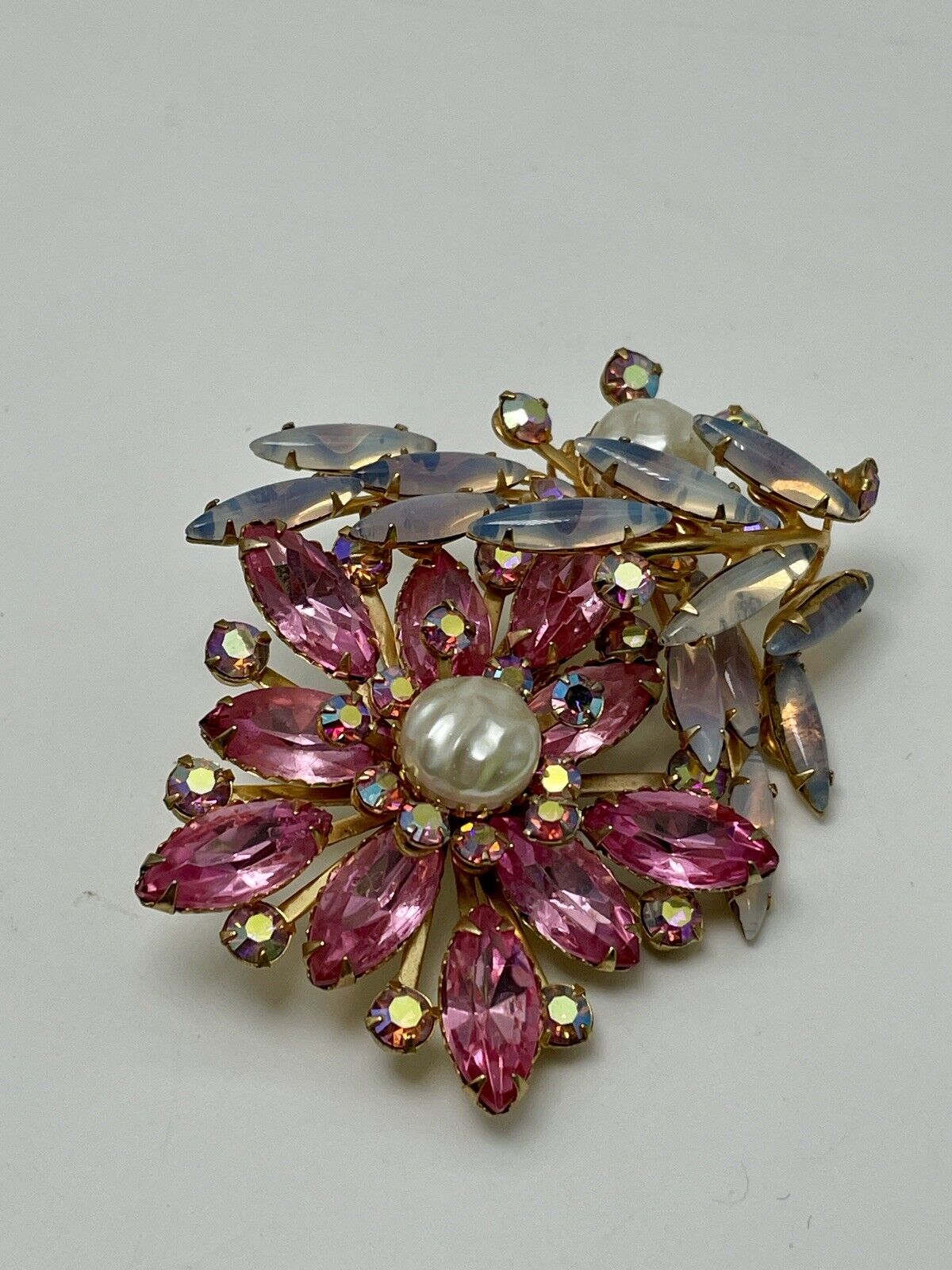 Large Vintage Pink Flower Rhinestone Brooch Faux Pearls AB Accents Exquisite