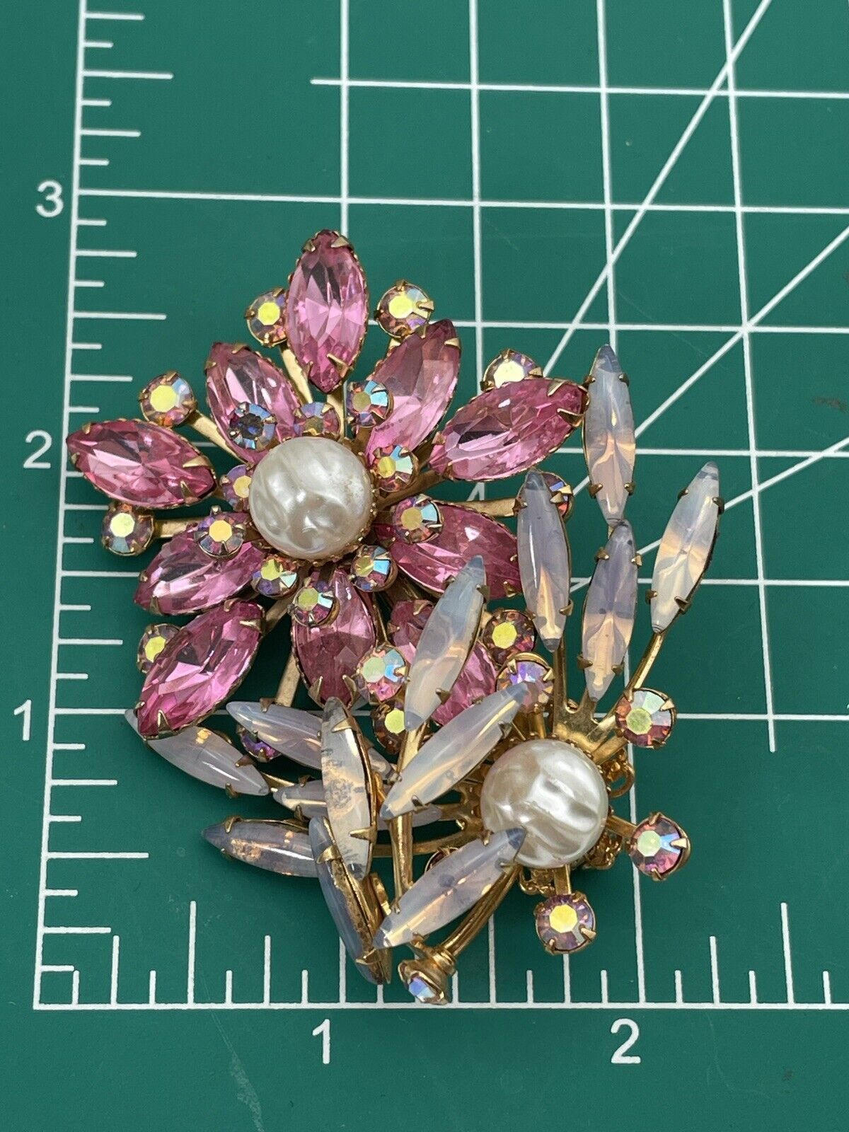 Large Vintage Pink Flower Rhinestone Brooch Faux Pearls AB Accents Exquisite