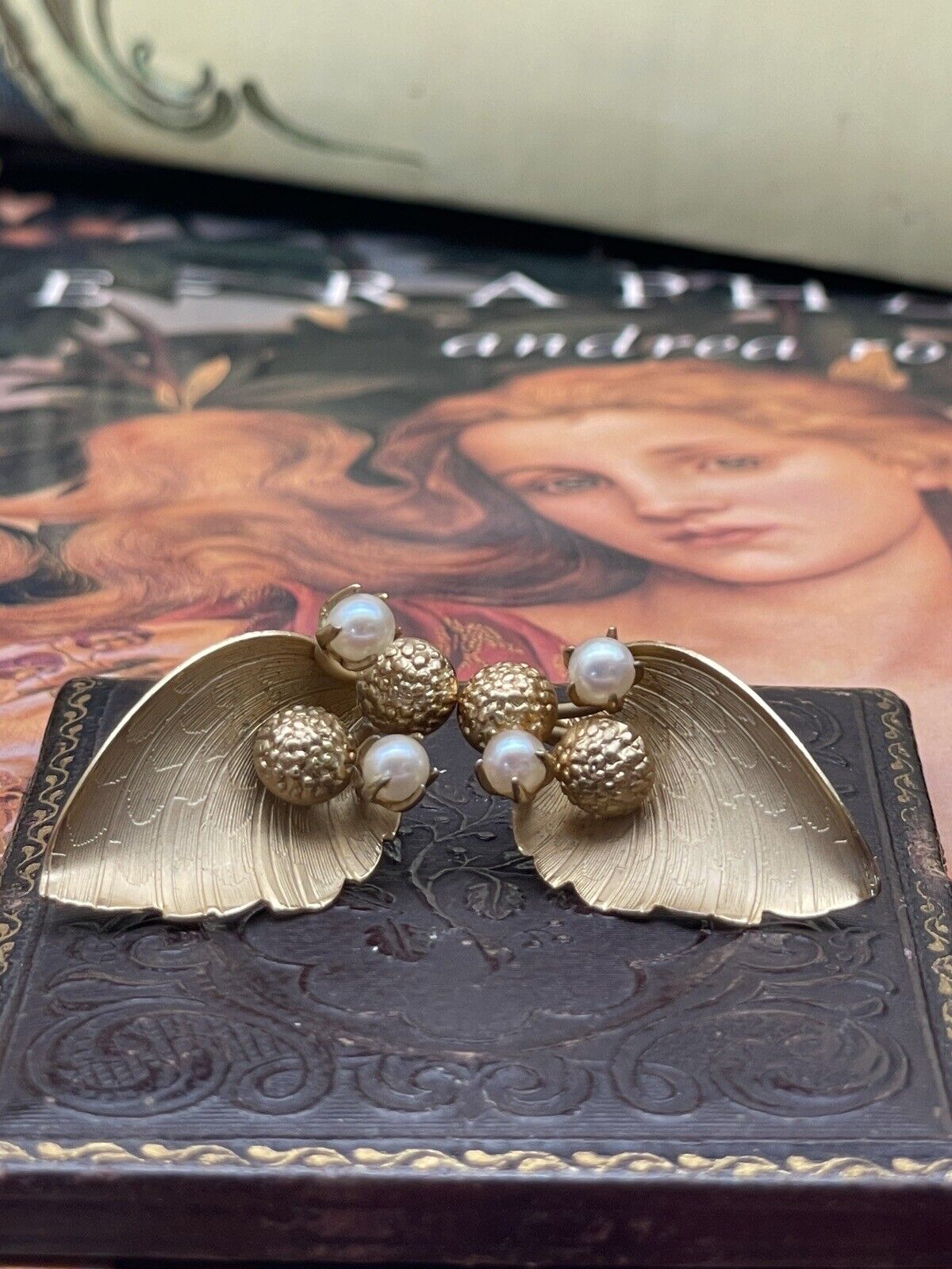 Vintage Gold Filled Angel Wing Earrings with Pearls SIGNED IPS