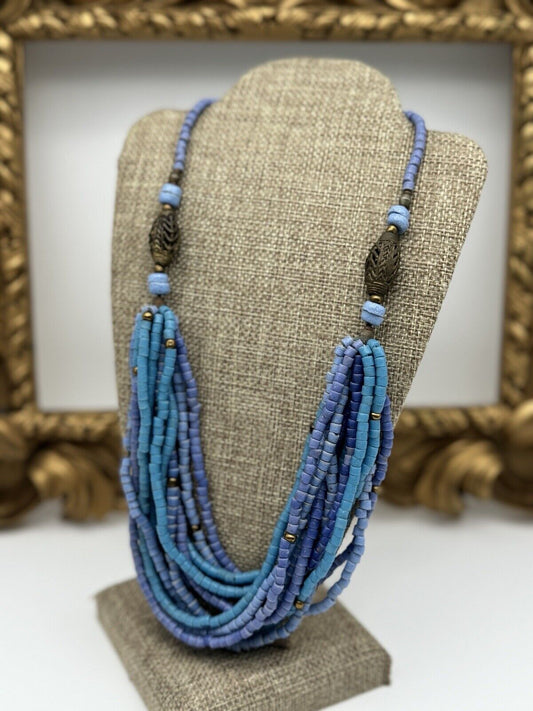 Blue Beaded Artisan Asian Style Necklace Multi Strand 19” VINTAGE