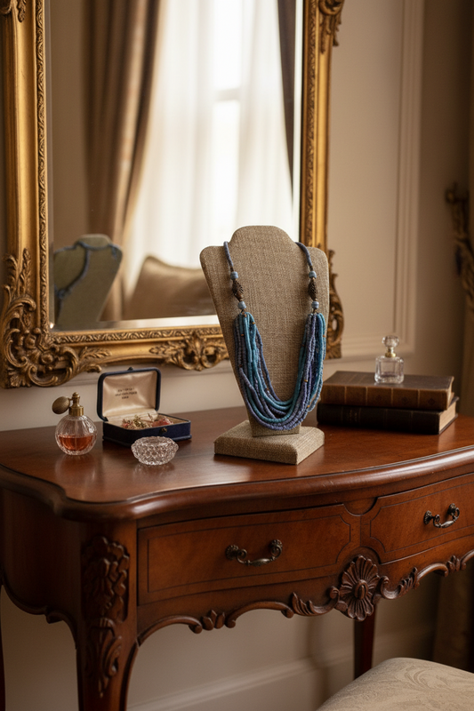 Blue Necklace Beaded Artisan Asian Style Multi Strand 19” VINTAGE