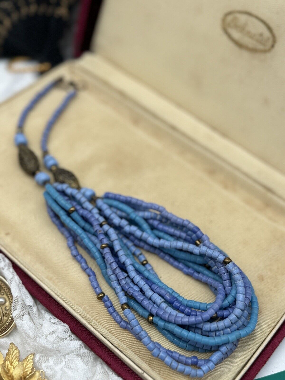 Blue Beaded Artisan Asian Style Necklace Multi Strand 19” VINTAGE