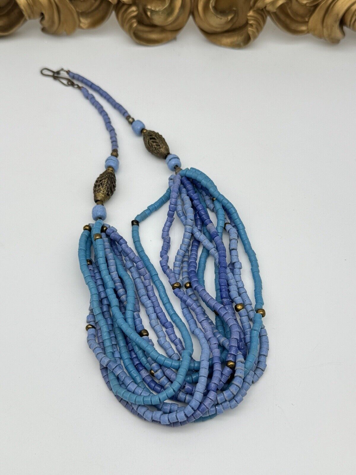 Blue Beaded Artisan Asian Style Necklace Multi Strand 19” VINTAGE