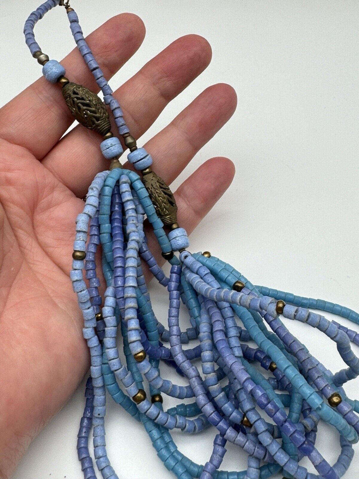 Blue Beaded Artisan Asian Style Necklace Multi Strand 19” VINTAGE