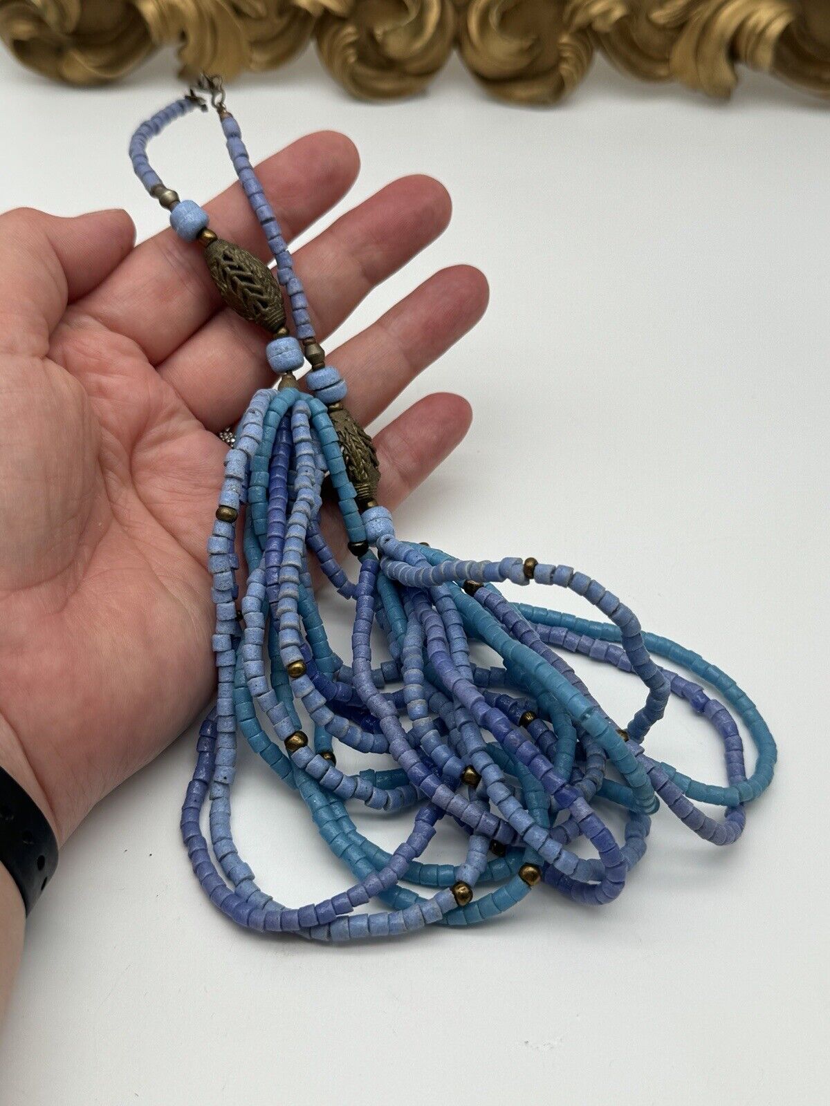 Blue Beaded Artisan Asian Style Necklace Multi Strand 19” VINTAGE