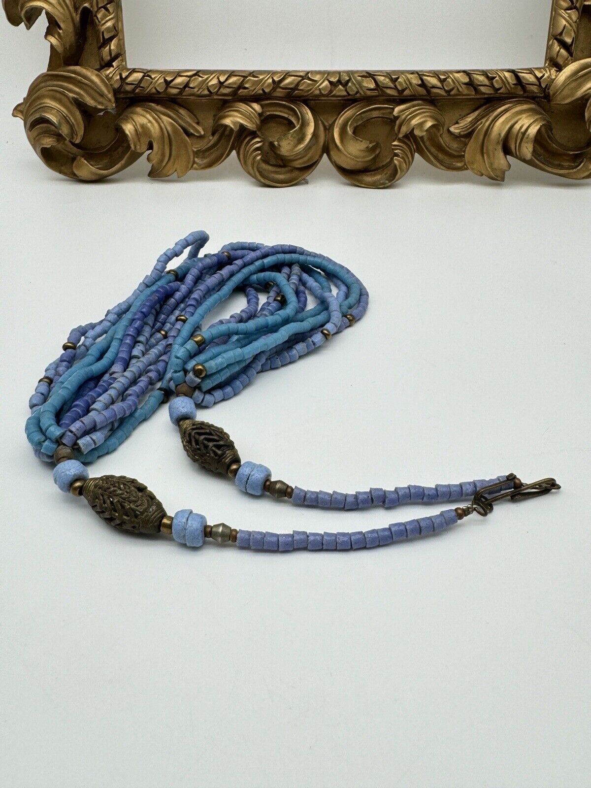 Blue Beaded Artisan Asian Style Necklace Multi Strand 19” VINTAGE