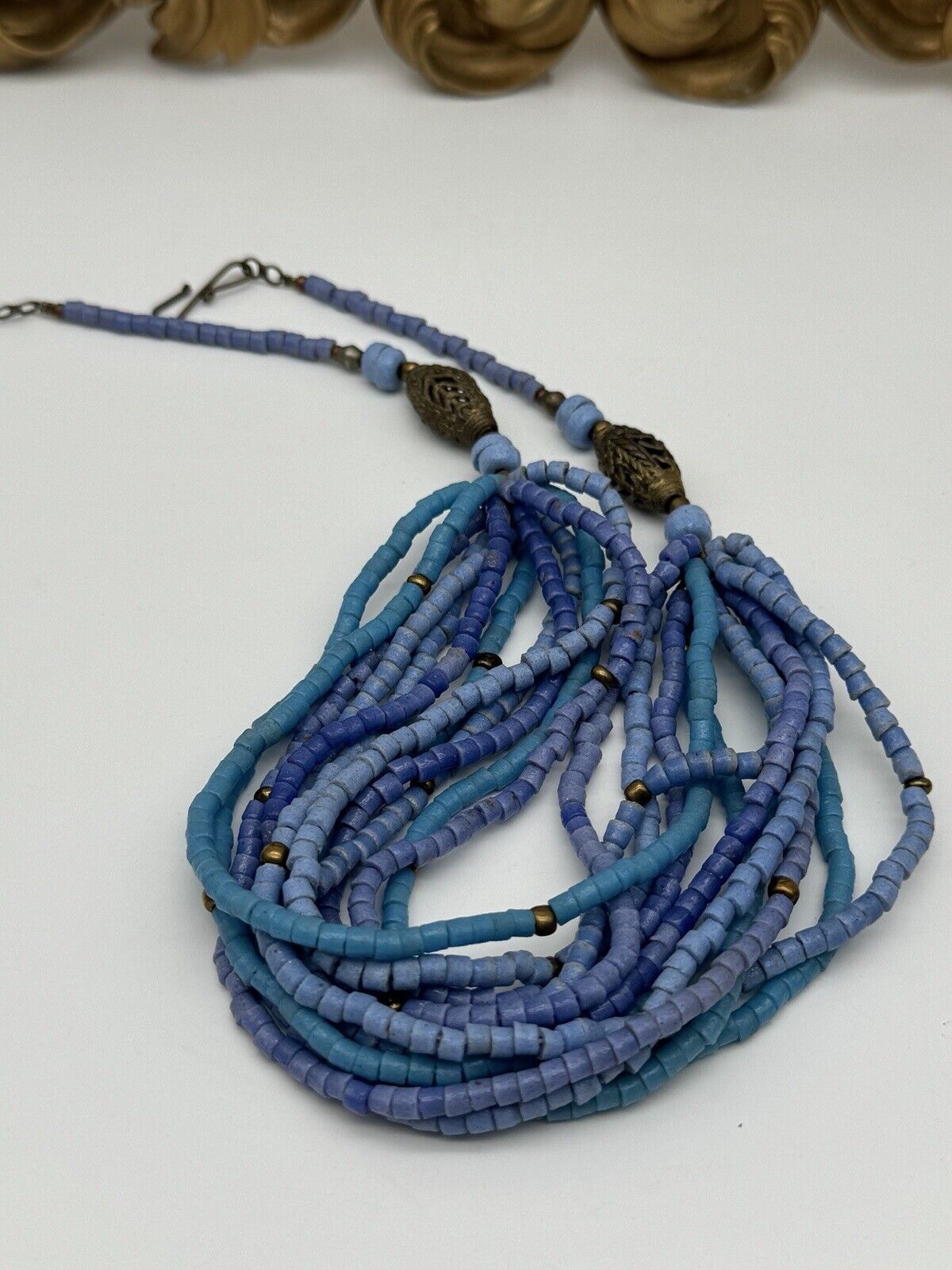 Blue Beaded Artisan Asian Style Necklace Multi Strand 19” VINTAGE