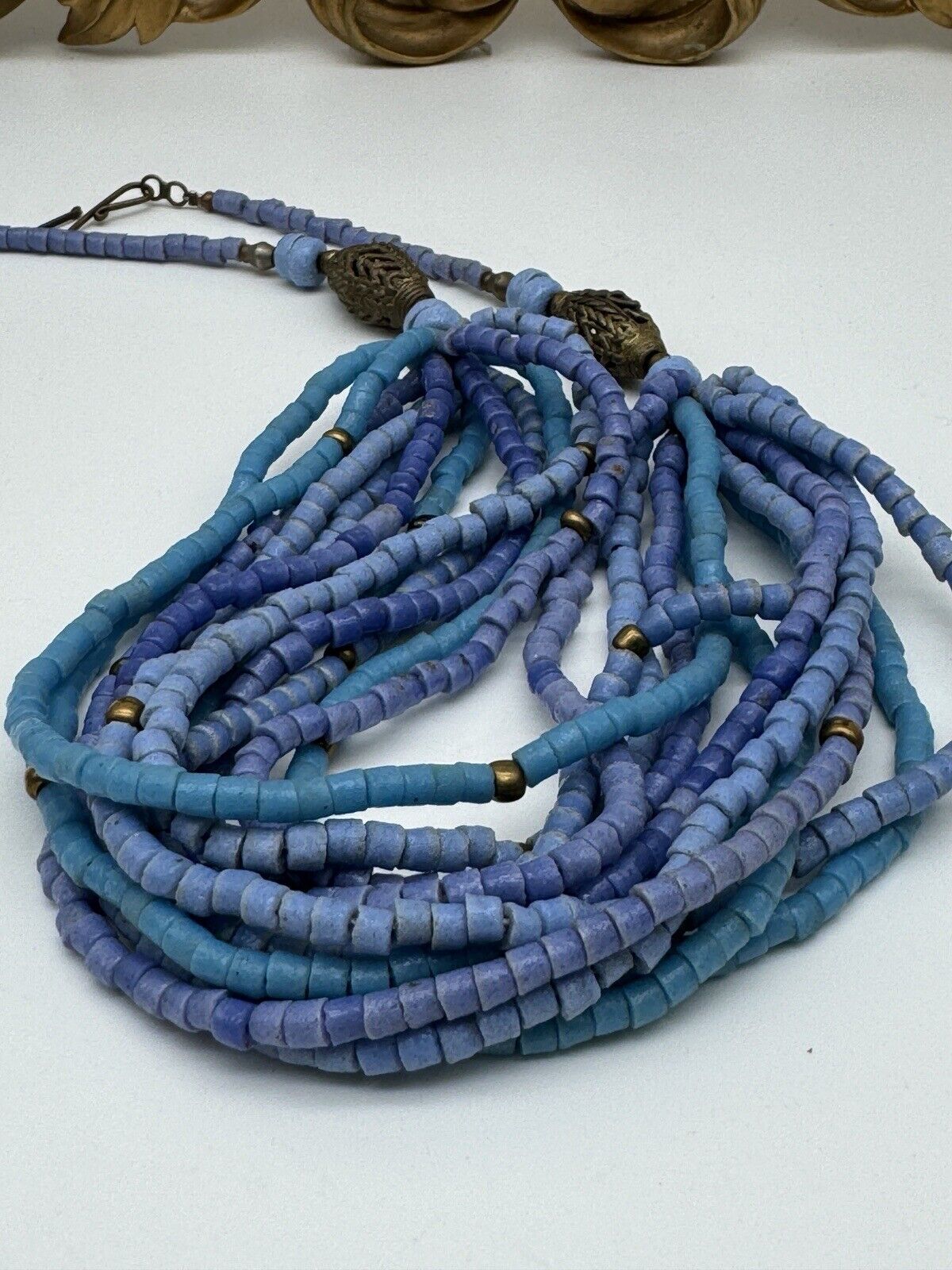 Blue Beaded Artisan Asian Style Necklace Multi Strand 19” VINTAGE