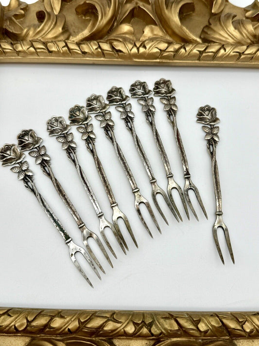 Set Of 9 Hors D'oeuvres Forks 800 Continental Sterling Hildesheimer Rose