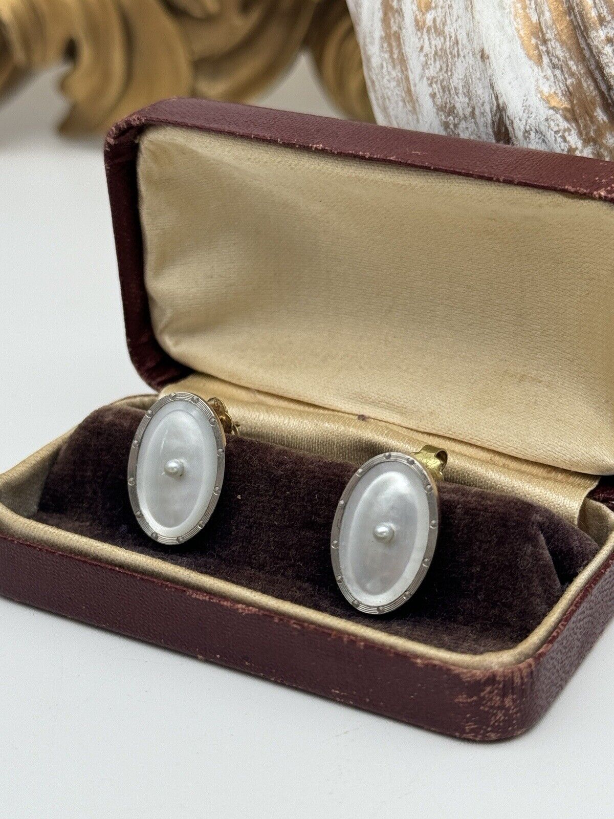 Art Deco 14kt Gold TESTED Mother Of Pearl & Seed Pearl Earrings Cvted. Cufflinks