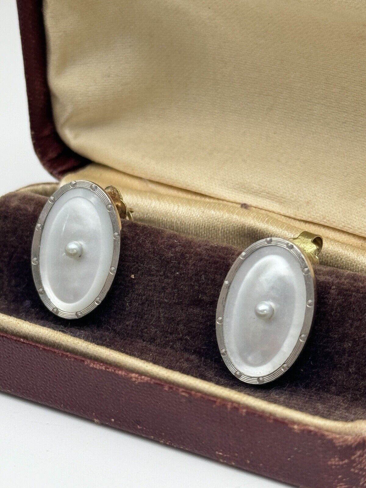 Art Deco 14kt Gold TESTED Mother Of Pearl & Seed Pearl Earrings Cvted. Cufflinks