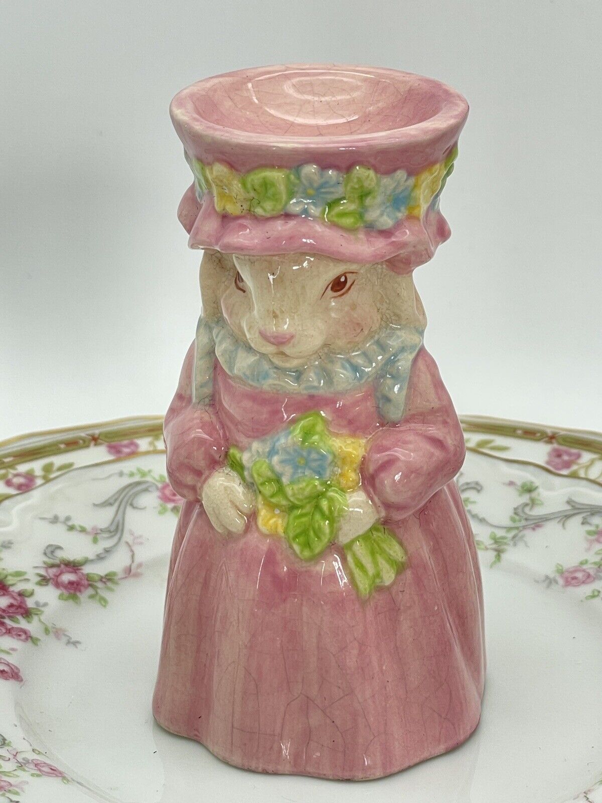 Vintage Mrs Bunny Easter Egg Cup Holder Pottery Cracks Glaze Pink 4”