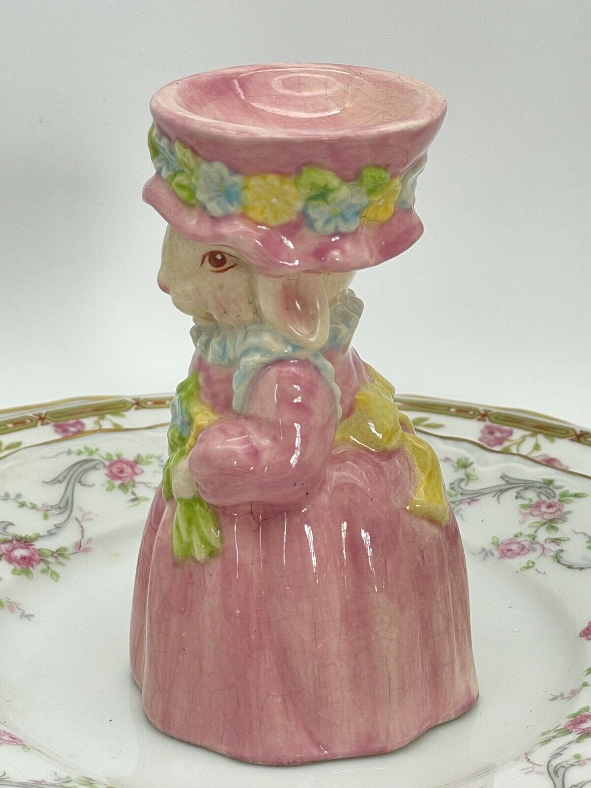 Vintage Mrs Bunny Easter Egg Cup Holder Pottery Cracks Glaze Pink 4”