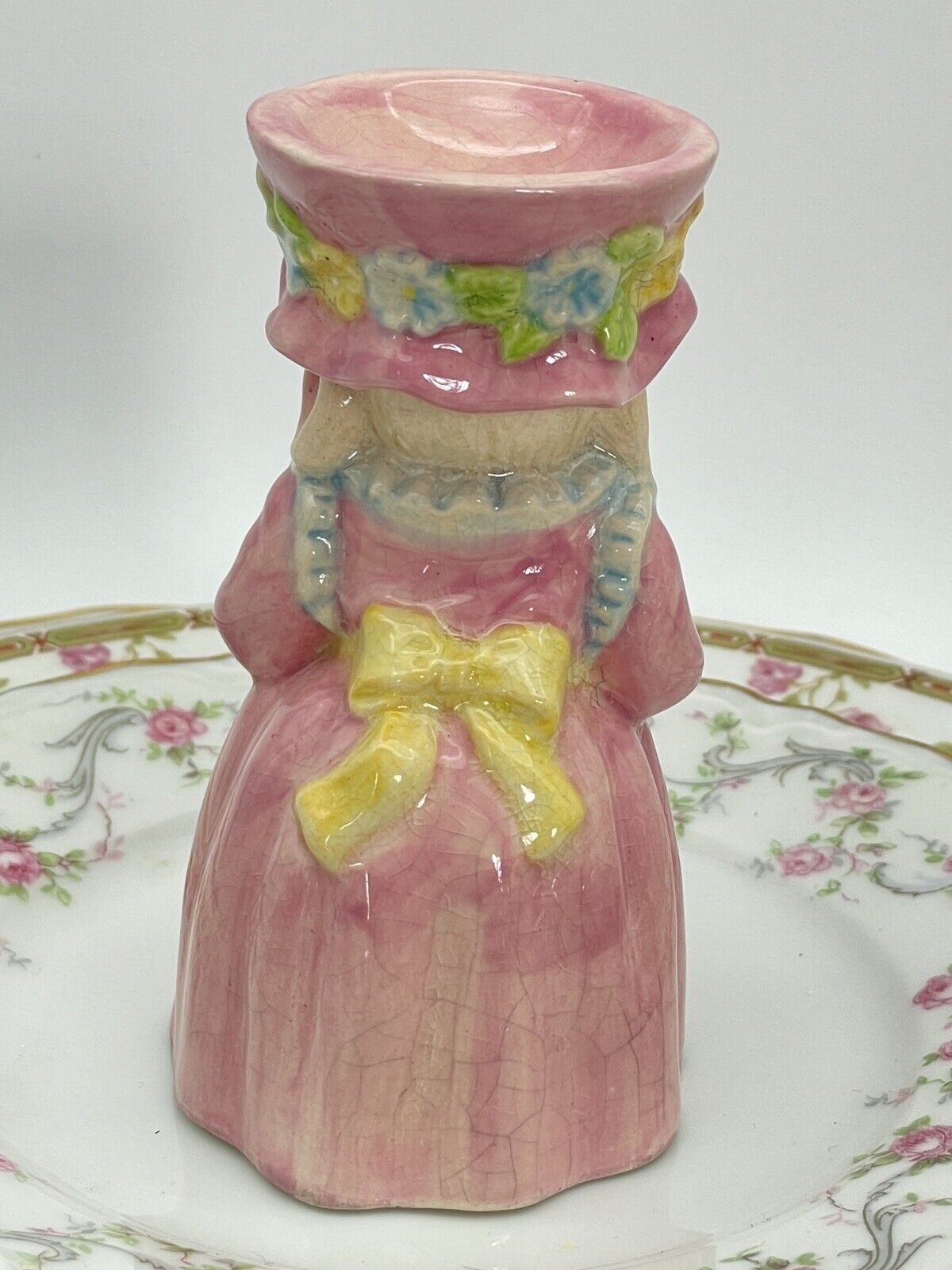 Vintage Mrs Bunny Easter Egg Cup Holder Pottery Cracks Glaze Pink 4”