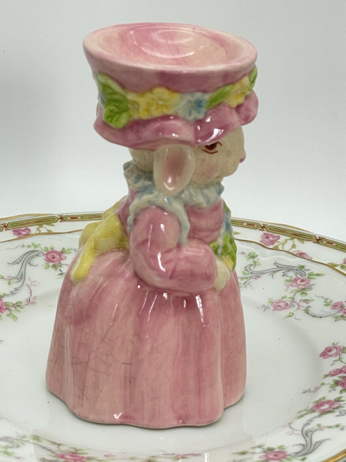 Vintage Mrs Bunny Easter Egg Cup Holder Pottery Cracks Glaze Pink 4”