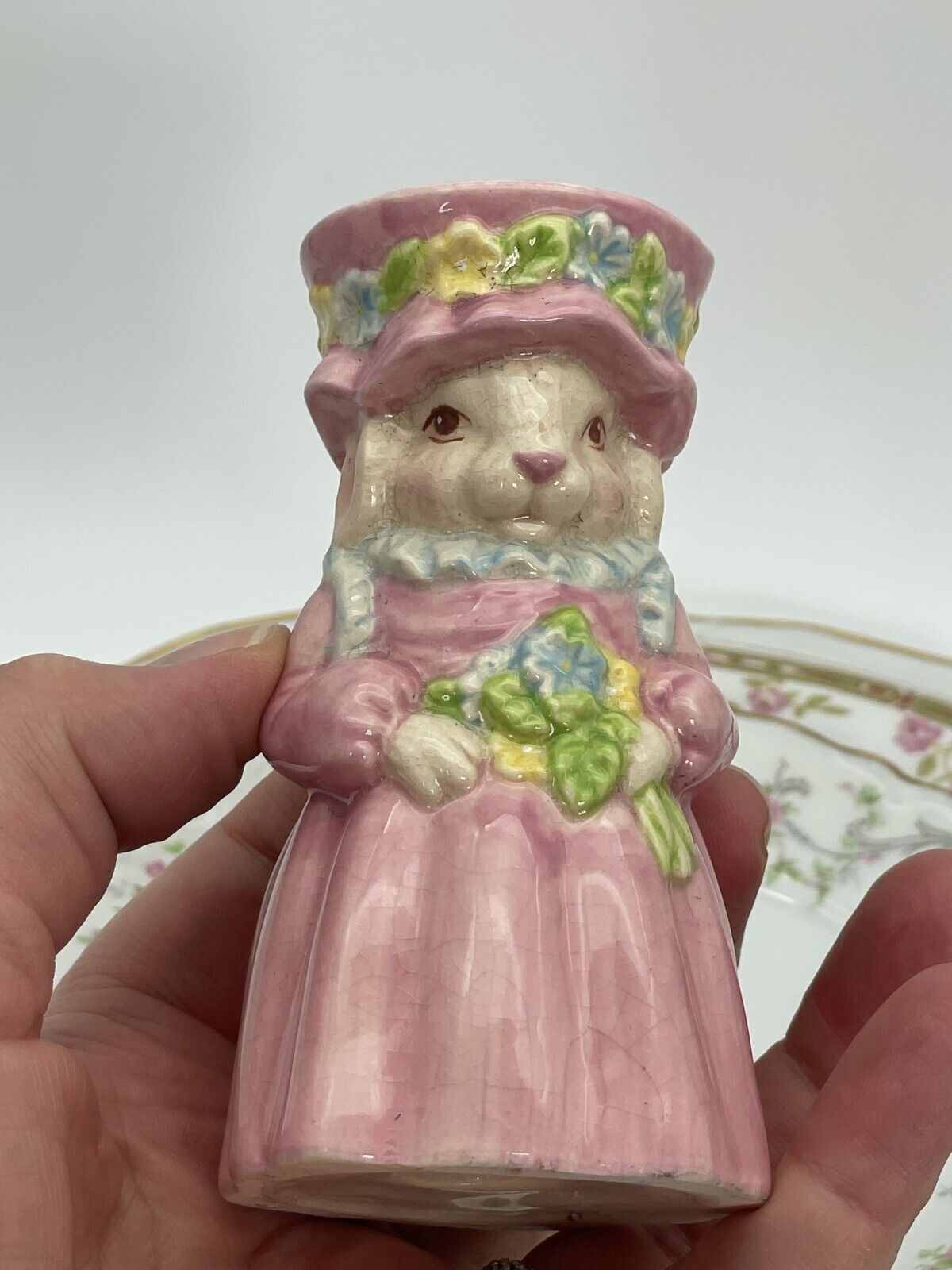 Vintage Mrs Bunny Easter Egg Cup Holder Pottery Cracks Glaze Pink 4”