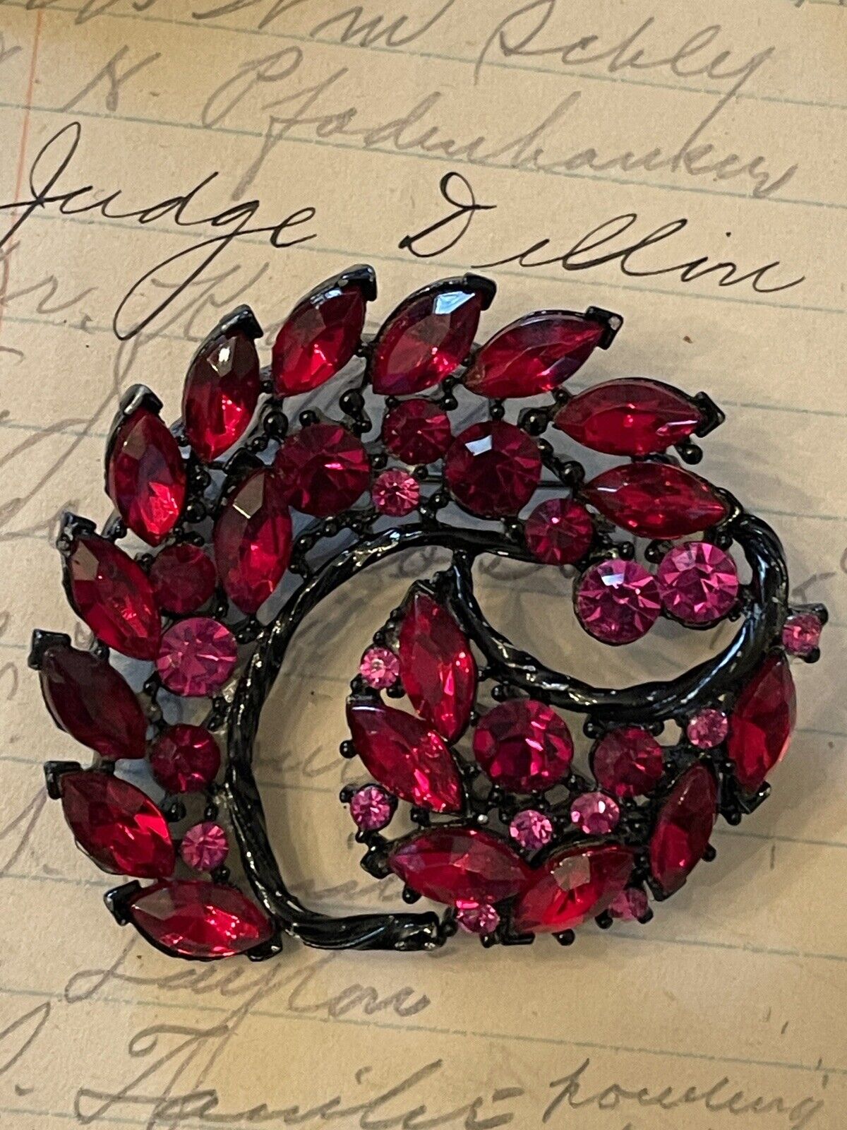 Vintage Red & Pink Rhinestone Brooch Japaned Metal Pinwheel